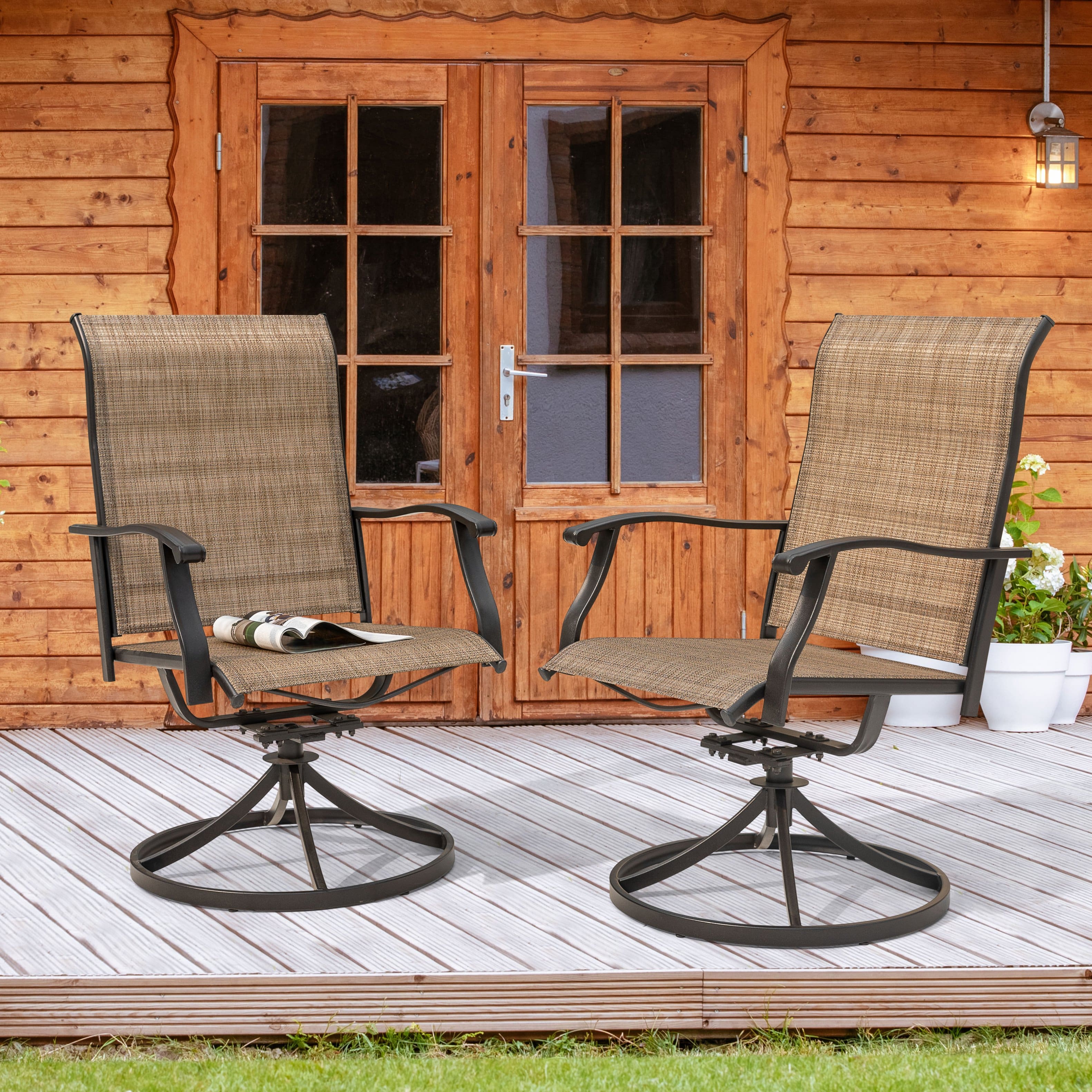 Nuu Garden - Outdoor Patio Swivel Chair Set of 2, Textilene Fabric, Powder-coated Iron Frame - Black and Brown