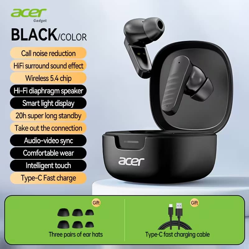 Acer - wireless earbuds feature ultra-long battery life, high-definition surround sound, call noise reduction, low latency - Black