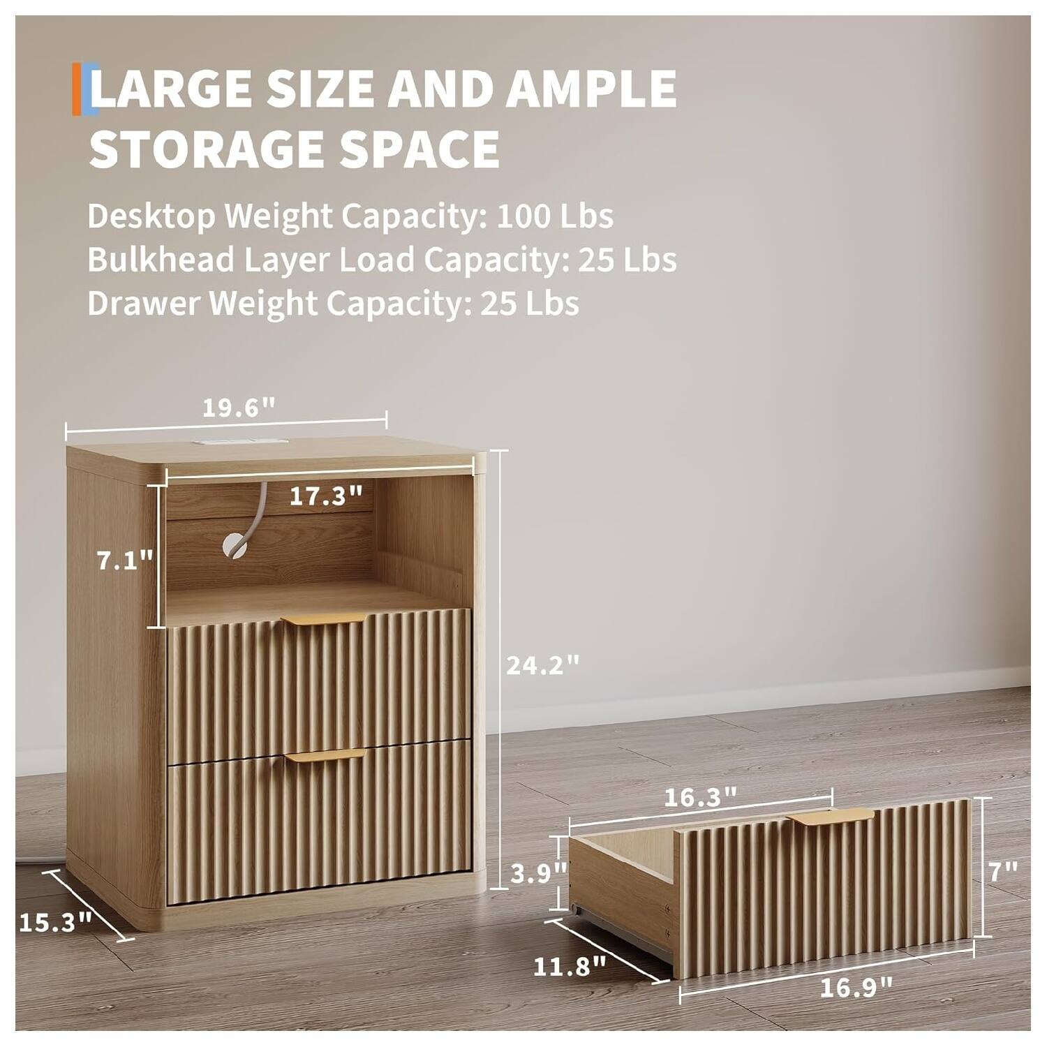 LARGE SIZE AND AMPLE STORAGE SPACE

Desktop Weight Capacity: 100 Lbs  
Bulkhead Layer Load Capacity: 25 Lbs  
Drawer Weight Capacity: 25 Lbs  

19.6"  
17.3"  
7.1"  
24.2"  
16.3"  
3.9"  
7"  
15.3"  
11.8"  
16.9"