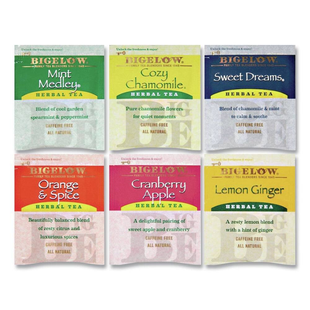 Unlock the freshness & enjoy!  
BIGELOW  
FAMILY TEA BLENDERS SINCE 1945  

Mint Medley  
HERBAL TEA  
Blend of cool garden spearmint & peppermint  
CAFFEINE FREE  
ALL NATURAL  

Cozy Chamomile  
HERBAL TEA  
Pure chamomile flowers for quiet moments  
CAFFEINE FREE  
ALL NATURAL  

Sweet Dreams  
HERBAL TEA  
Blend of chamomile & mint to calm & soothe  
CAFFEINE FREE  
ALL NATURAL  

Orange & Spice  
HERBAL TEA  
Beautifully balanced blend of zesty citrus and luxurious spices  
CAFFEINE FREE  
ALL NATURAL  

Cranberry Apple  
HERBAL TEA  
A delightful pairing of sweet apple and cranberry  
CAFFEINE FREE  
ALL NATURAL  

Lemon Ginger  
HERBAL TEA  
A zesty lemon blend with a hint of ginger  
CAFFEINE FREE  
ALL NATURAL