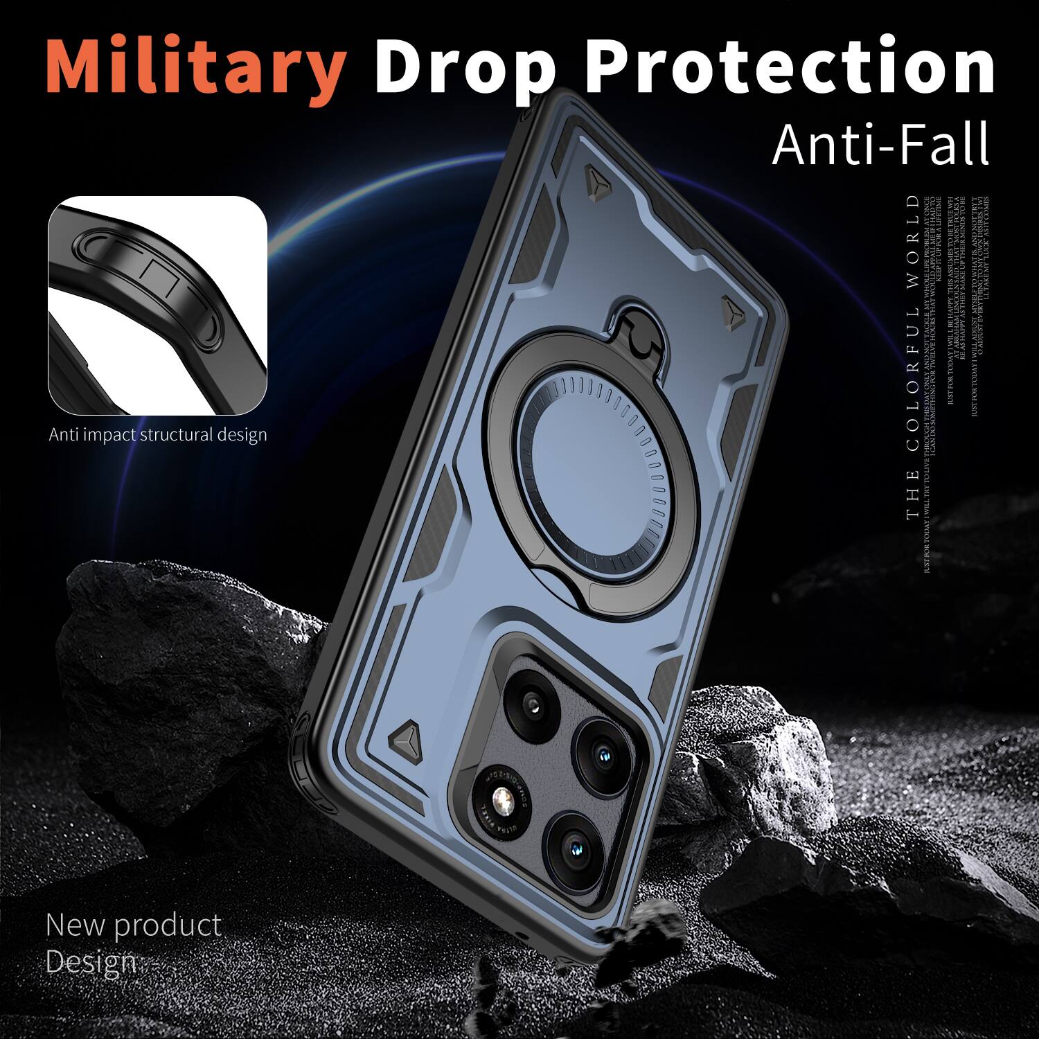 Military Drop Protection Anti-Fall

Anti impact structural design

COLORFUL

THE TREI WA/OOLW.D HIR

New product Design
