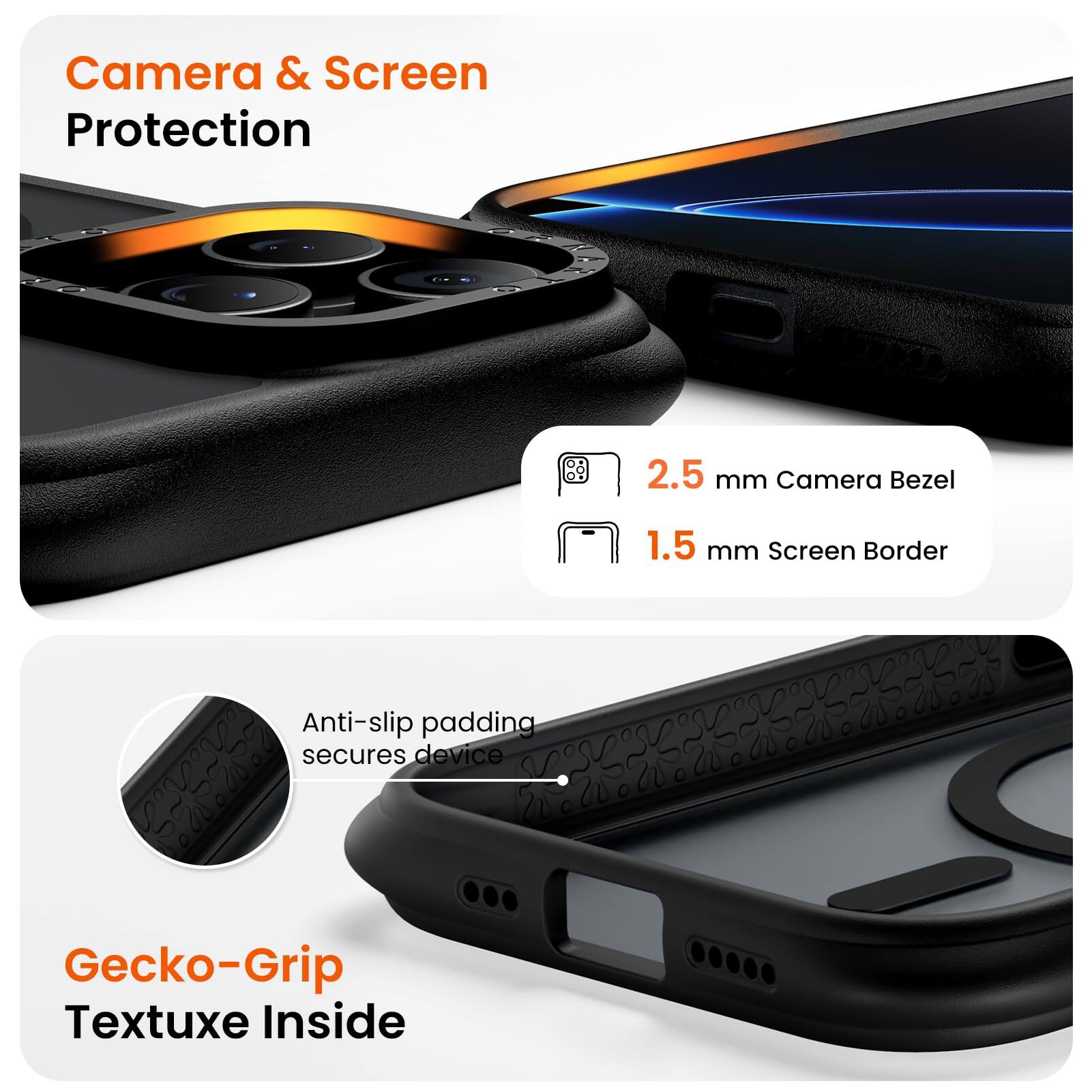 Camera & Screen Protection

2.5 mm Camera Bezel
1.5 mm Screen Border

Anti-slip padding secures device

Gecko-Grip Textuxe Inside