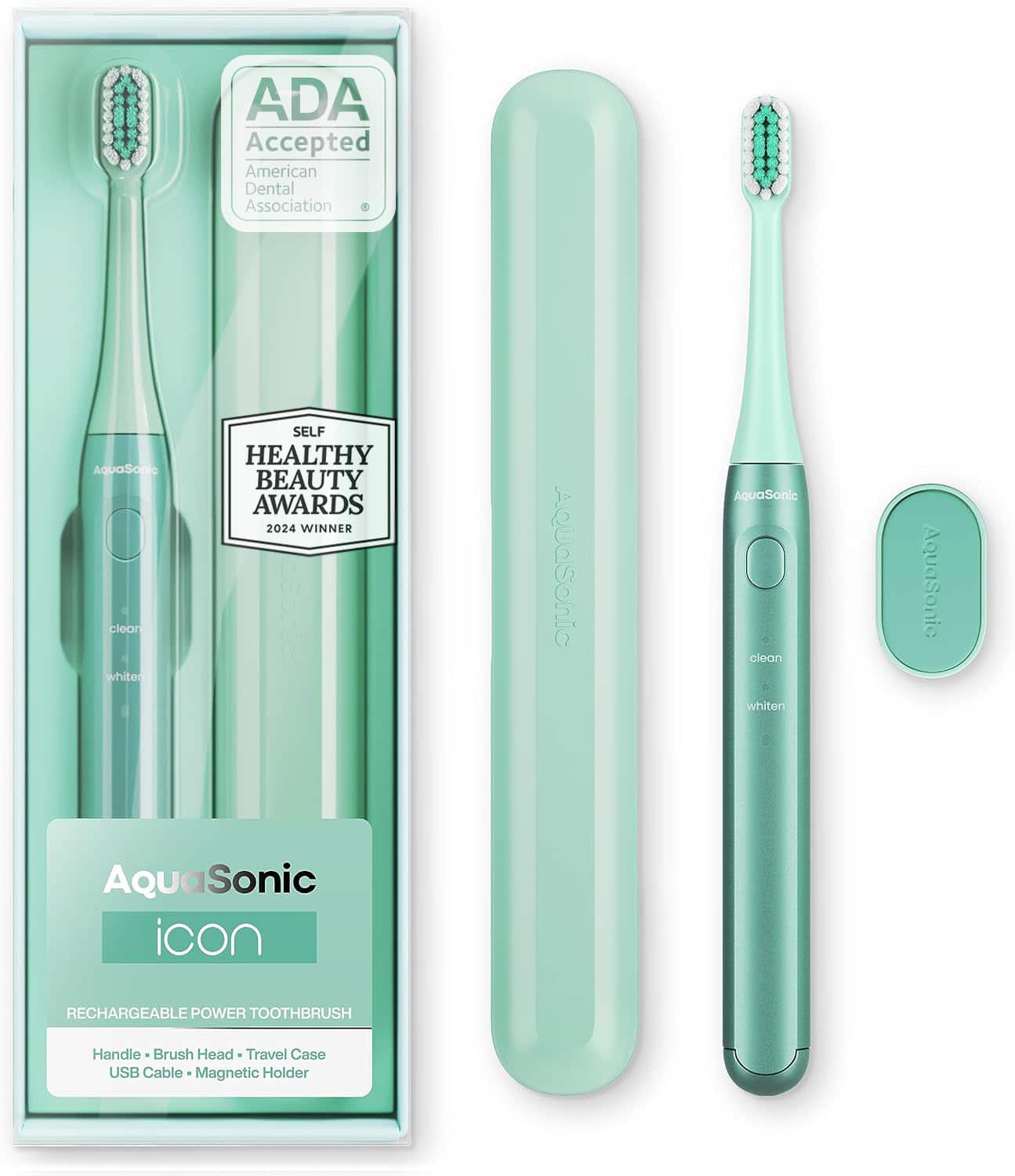 AquaSonic - Icon Rechargeable Electric Toothbrush - ADA Accepted, Magnetic Holder, Slim Travel Case, 2 Brushing Modes, Timer - Green