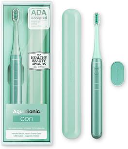AquaSonic - Icon Rechargeable Electric Toothbrush - ADA Accepted, Magnetic Holder, Slim Travel Case, 2 Brushing Modes, Timer - Green