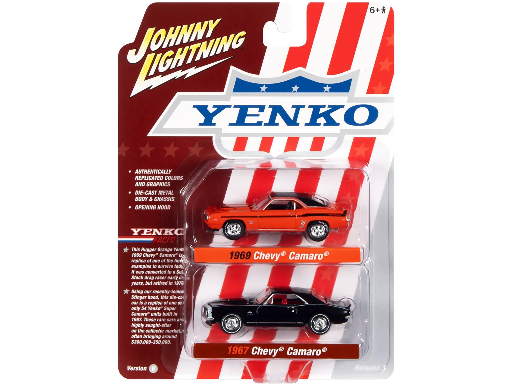 **Johnny Lightning Yenko**

- Authentically replicated colors and graphics
- Die-cast metal body & chassis
- Opening hood

**Yenko Facts**

- This Hugger Orange 1969 Chevy Camaro is a replica of one of the finest examples to survive today. It was converted to a Super Stock drag racer early in its life, but retired in 1976.
- Using our recently tooled Stinger hood, this die-cast car is a replica of one of only 54 Yenko Super Camaro units built in 1967. These rare cars are highly sought-after on the collector market, often bringing around $300,000-350,000.

**1969 Chevy Camaro**

**1967 Chevy Camaro**

Version B

Release 3