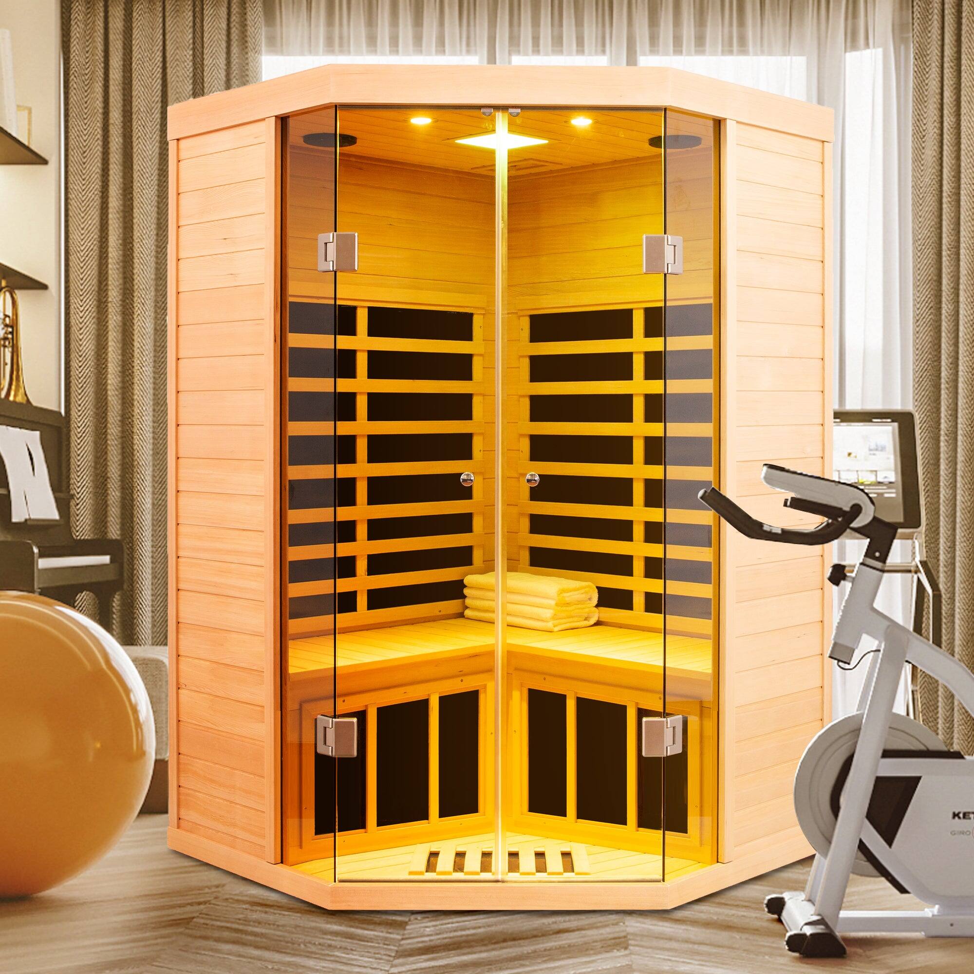 Alt View 4. Boyel Living - Two-Person Hemlock Far Infrared Corner Sauna with Bluetooth and LED Lights - Natural.