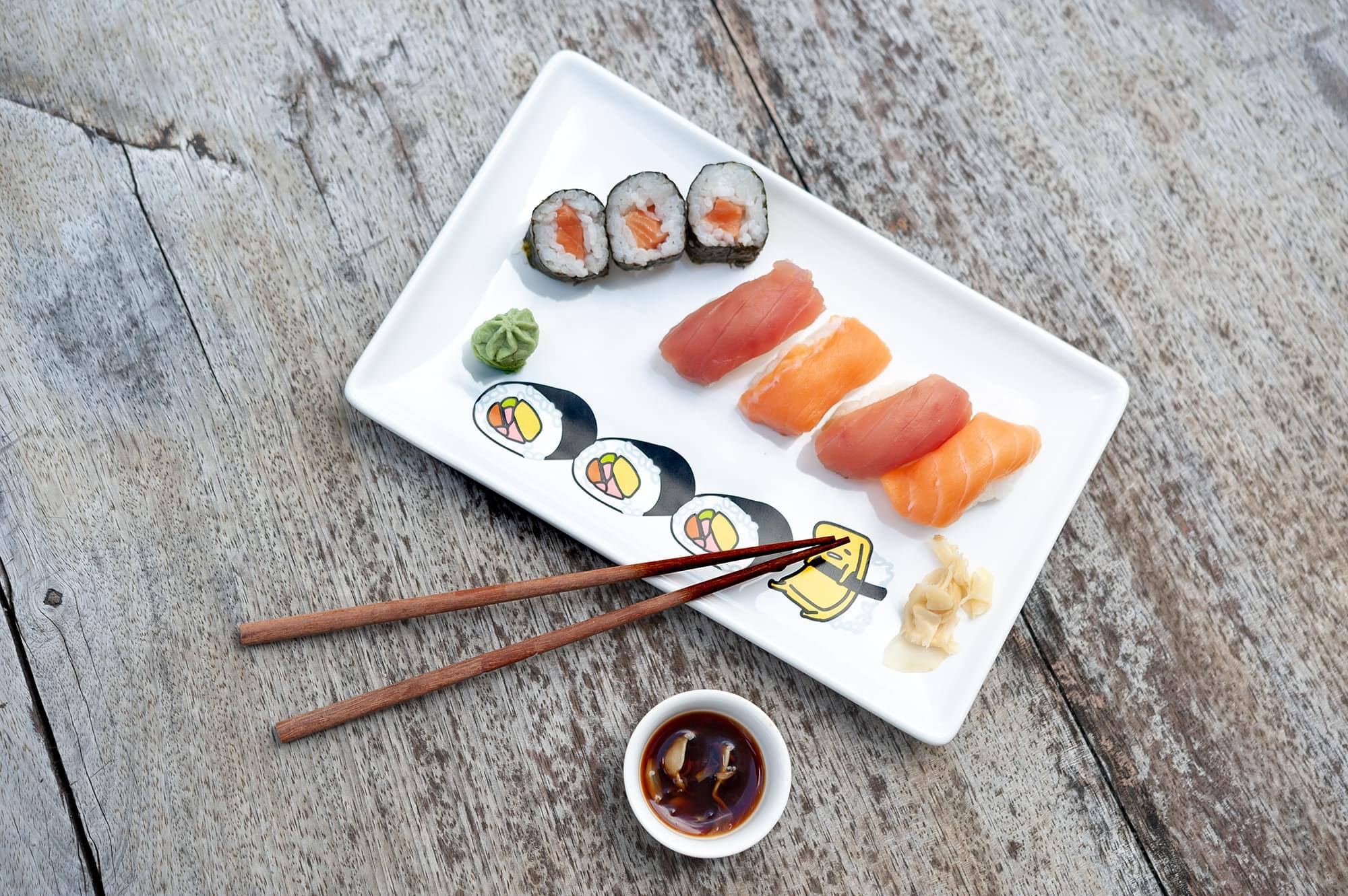 Alt View 3. Seven20 - Gudetama Stoneware Sushi Set | Plate | Wasabi Dish | Chopsticks - White.