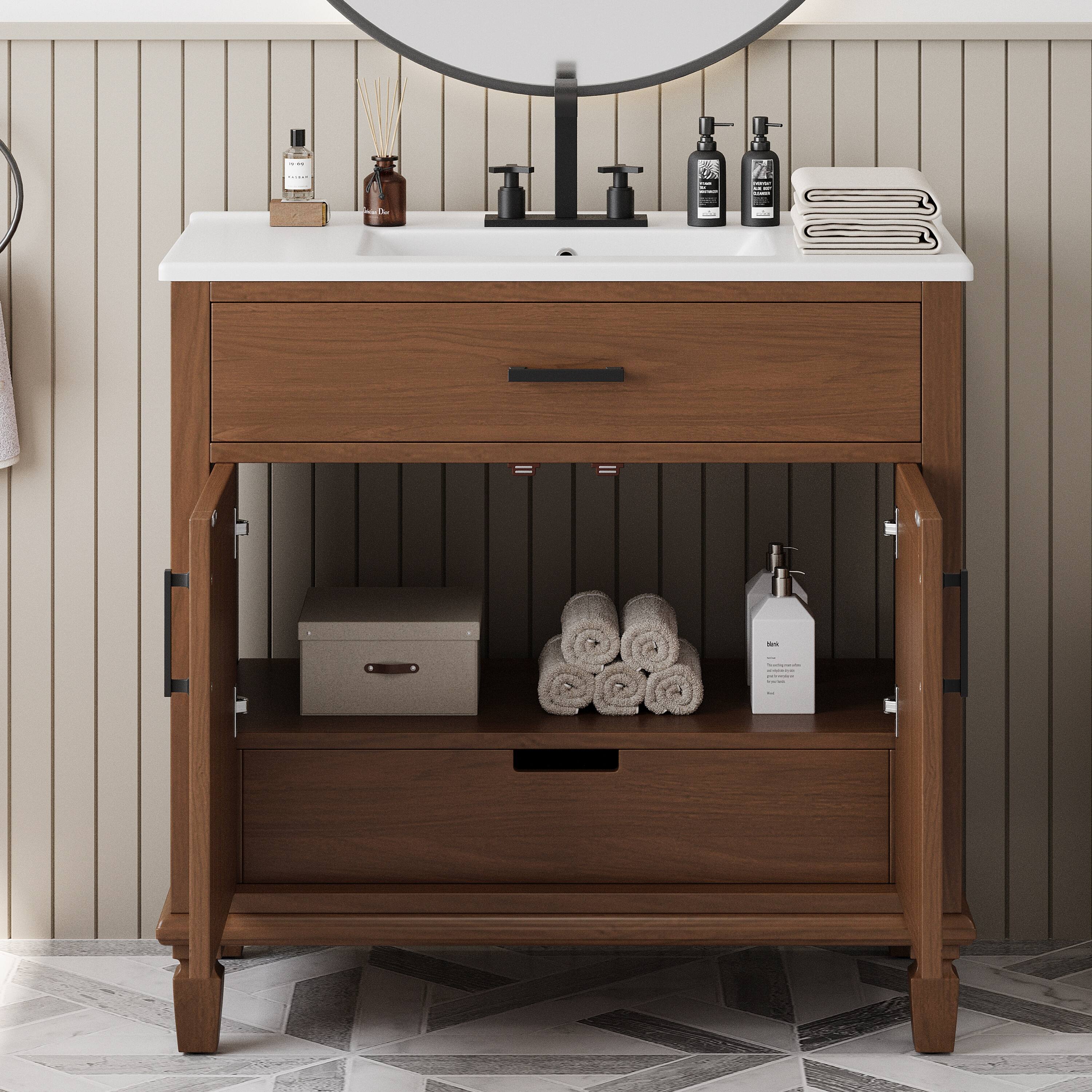Back. Loheer - 3 ft Rattan Bathroom Vanity with Ceramic Sink, Soft-Close Storage Cabinet for Modern Bathrooms - Brown.