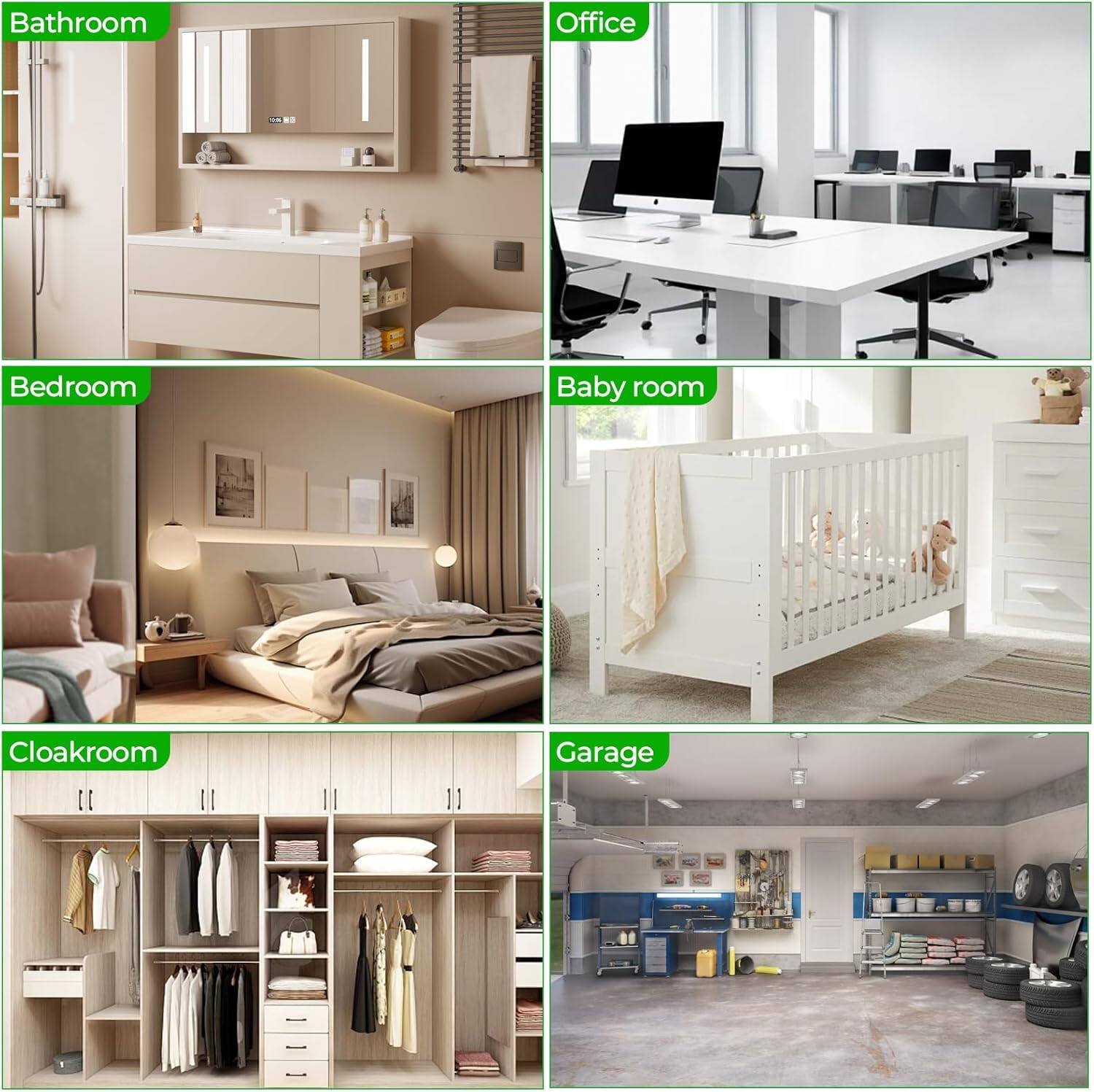 Bathroom  
Office  
Bedroom  
Baby room  
Cloakroom  
Garage