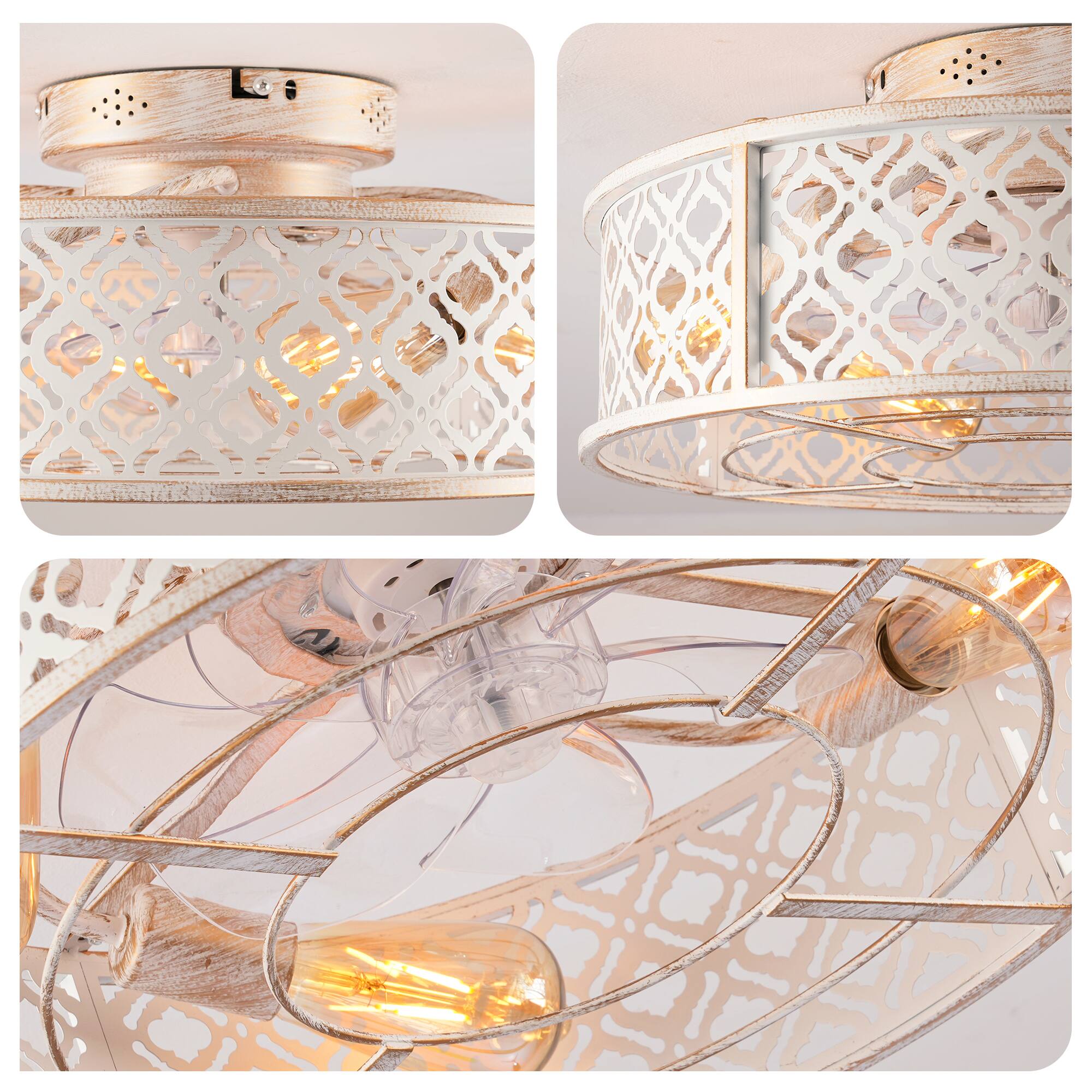 Alt View 6. Sofucor - Farmhouse Ceiling Fans w/ Light Remote Flush Mount Rustic Ceiling Fan Boho Bladeless Country Caged Ceiling Light Fixture - Retro White.