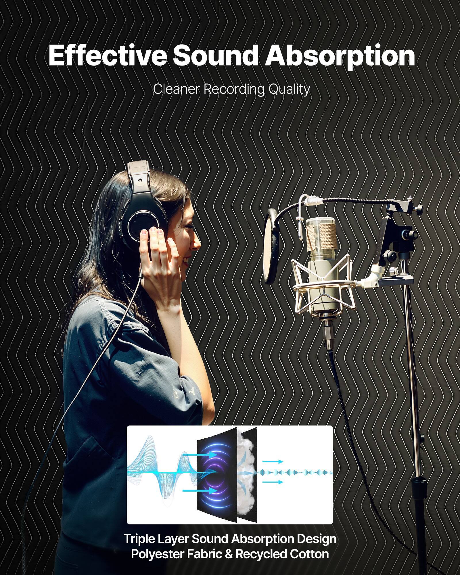 Effective Sound Absorption  
Cleaner Recording Quality  

A Triple Layer Sound Absorption Design  
Polyester Fabric & Recycled Cotton