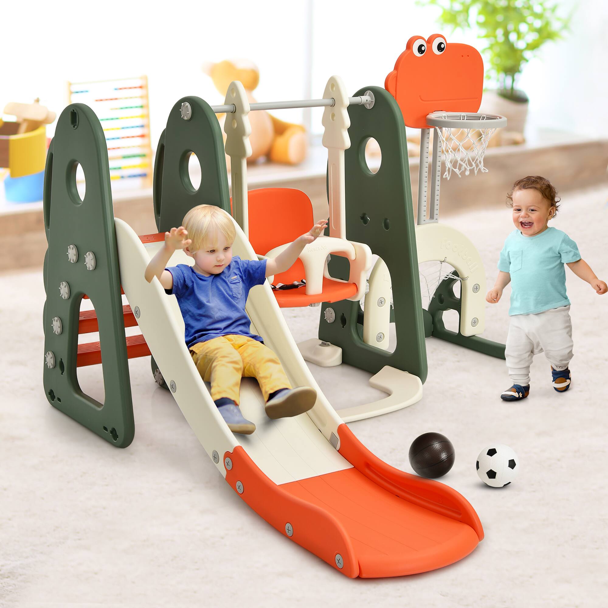 Alt View 1. Costway - Costway 6 in 1 Toddler Slide and Swing Set Climber Playset w/ Ball Games - Orange.