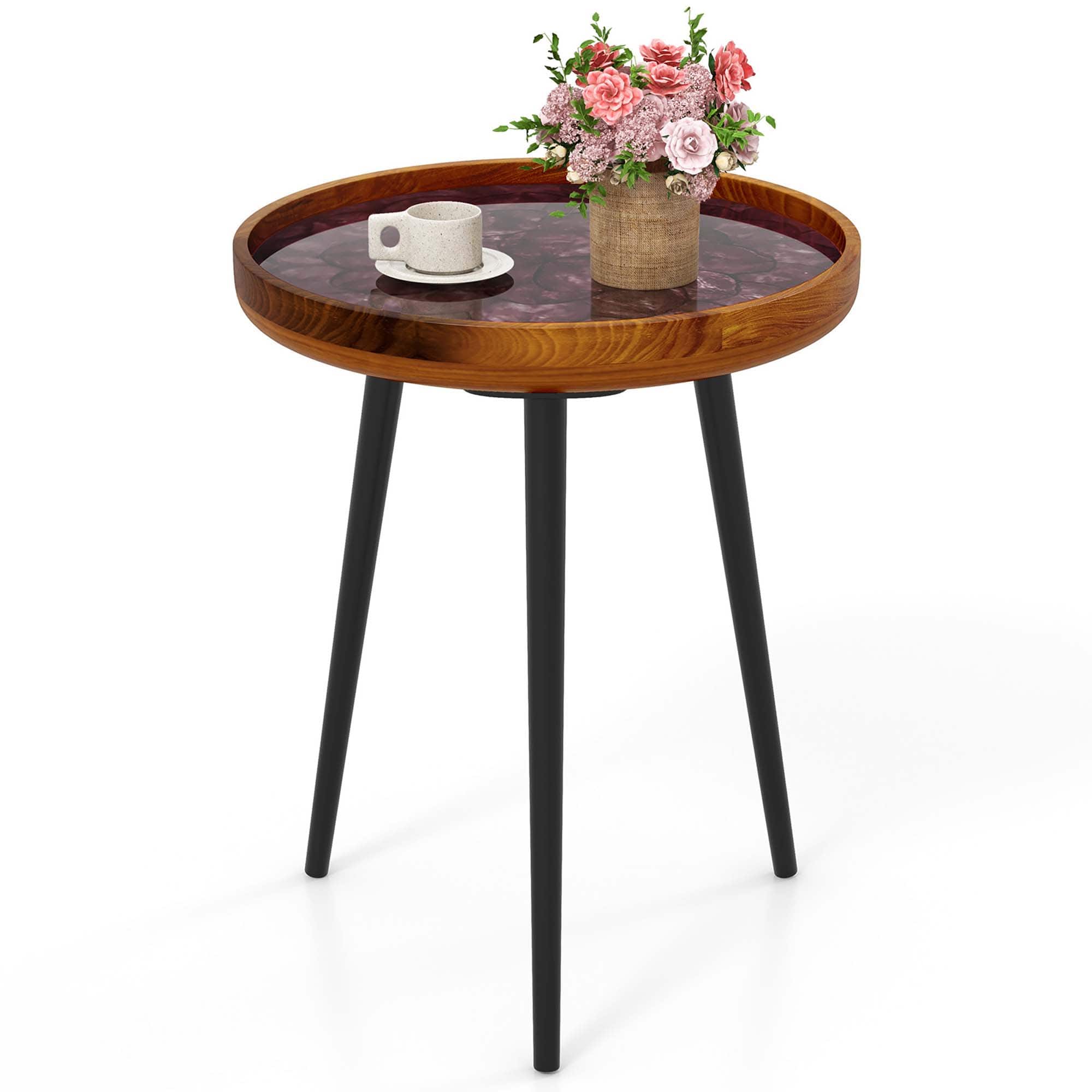 Costway - 16" Round End Table Mid-century Modern Coffee Table with Sea Shell Decoration - Brown