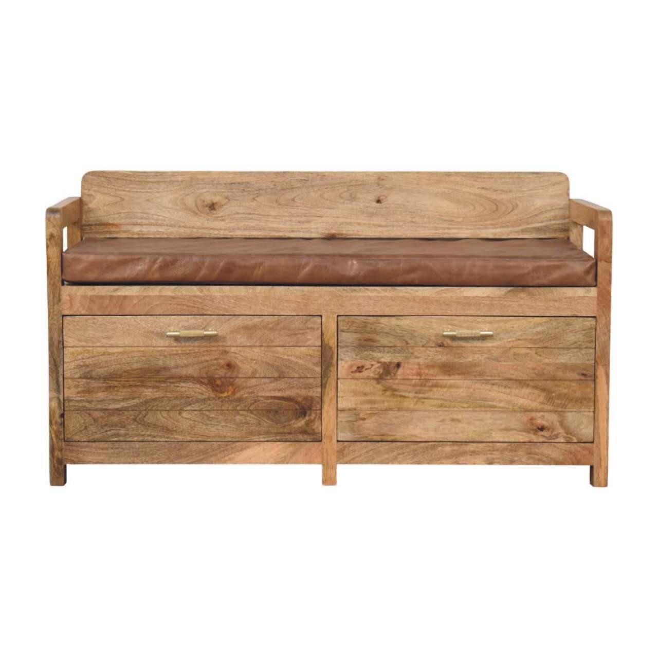Angle. Artisan Furniture - Artisan Furniture Solid Wood Oakish Storage Bench with Brown Leather Seat, 2 Drawers, Beige - Beige.