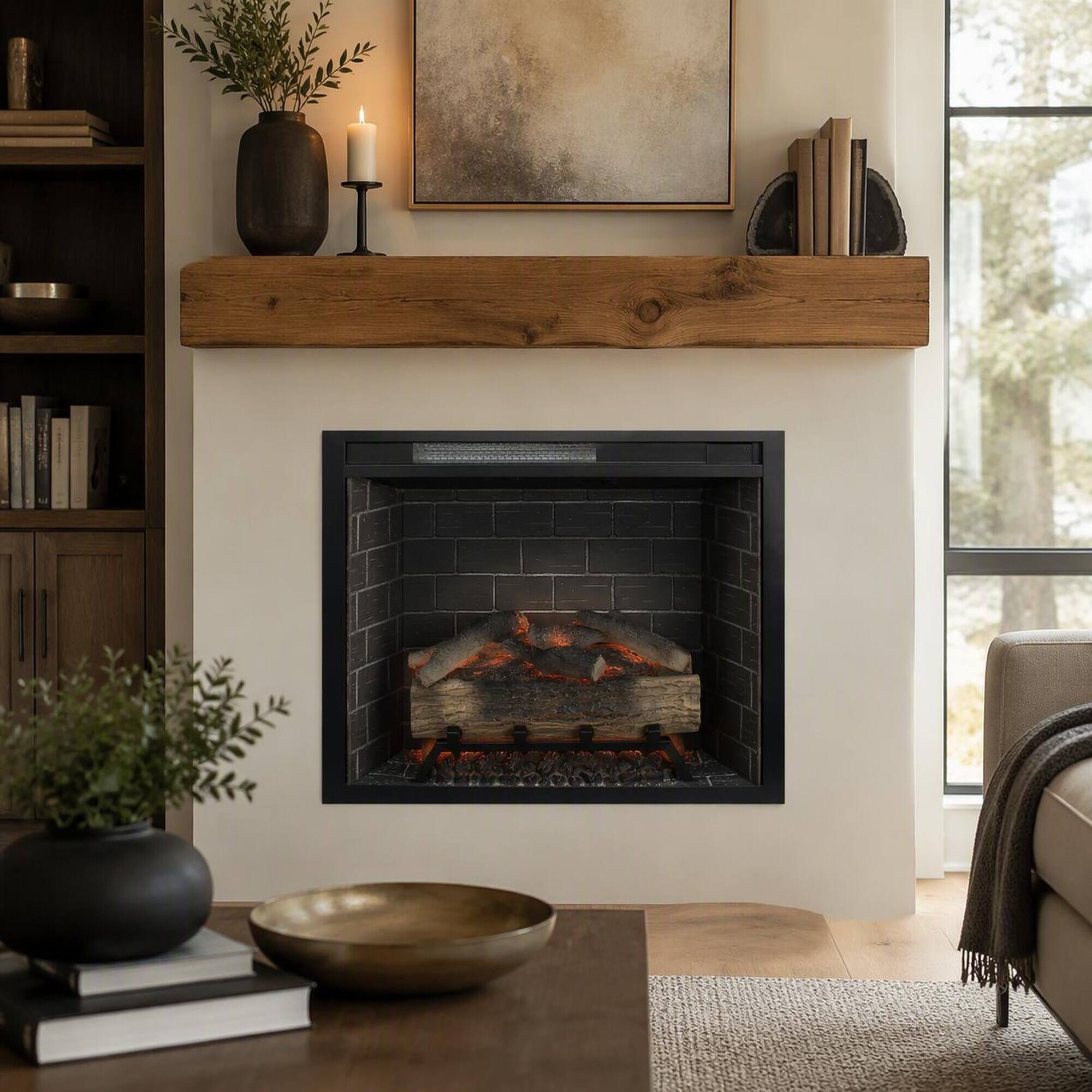 Left. RYHNUYNE - 28 Inch Infrared Electric Fireplace Insert Heater, Touch Panel Crackling Sound Fixed Trim Kit For Home Decor - Antique Black.