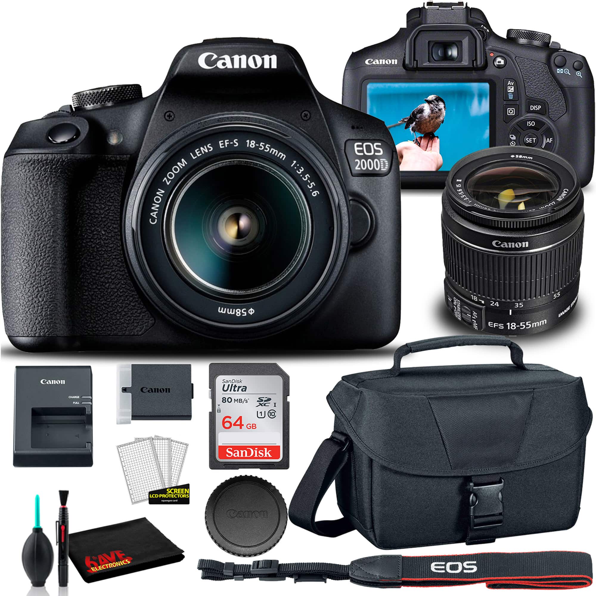 Canon - EOS 2000D DSLR Camera with 18-55mm Lens  +  EOS Bag +  Sandisk Ultra 64GB Card + Cleaning Set And More (Internatio