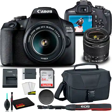 Canon EOS 2000D
Canon EF-S 18-55mm Lens Zoom 1:3.5-5.6
Canon 58mm Filter
SanDisk Ultra 64GB 80MB/s SD Card
Canon LCD Screen Protectors
Canon Camera Bag
Canon Camera Strap
Canon Battery and Charger
Canon Lens Cap