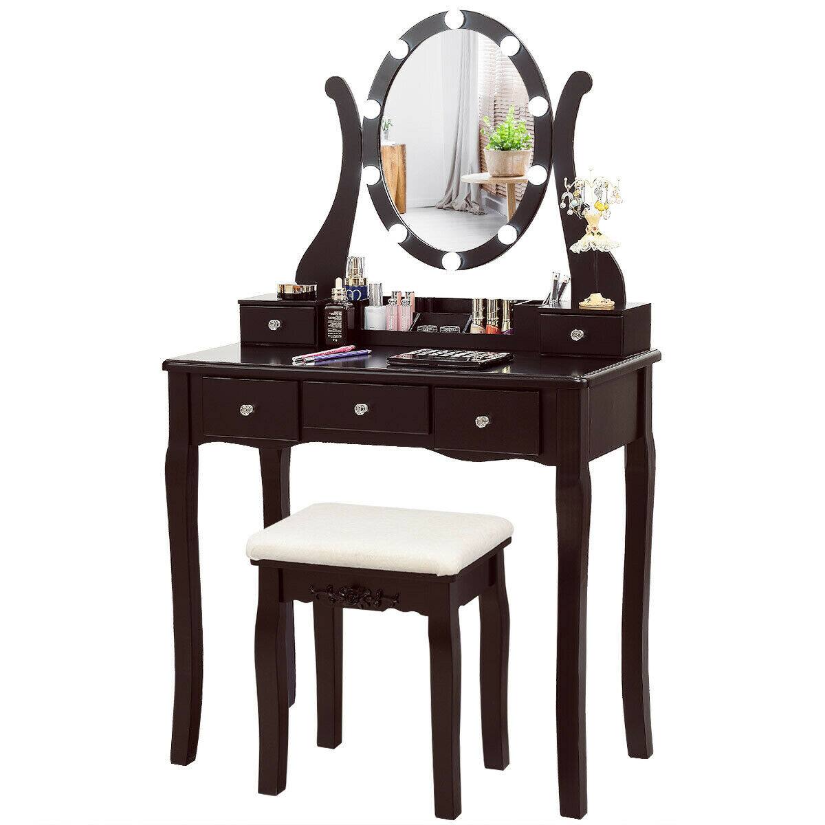 Alt View 7. Gymax - Gymax Vanity Table Set w/10 Light Bulbs and Touch Switch Makeup Dressing Table Brown - Brown.