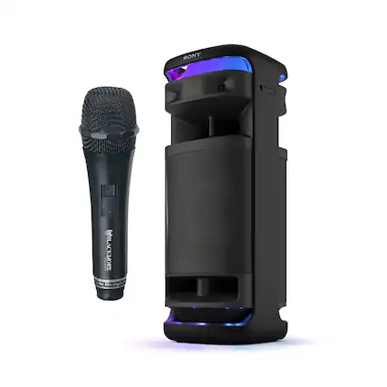 The image features a black Sony microphone and a black speaker, both of which are placed next to each other. The microphone is a handheld device, while the speaker is a larger, more powerful unit. These audio devices are likely used for various purposes, such as recording, amplifying, or enhancing sound quality for events, performances, or personal use.