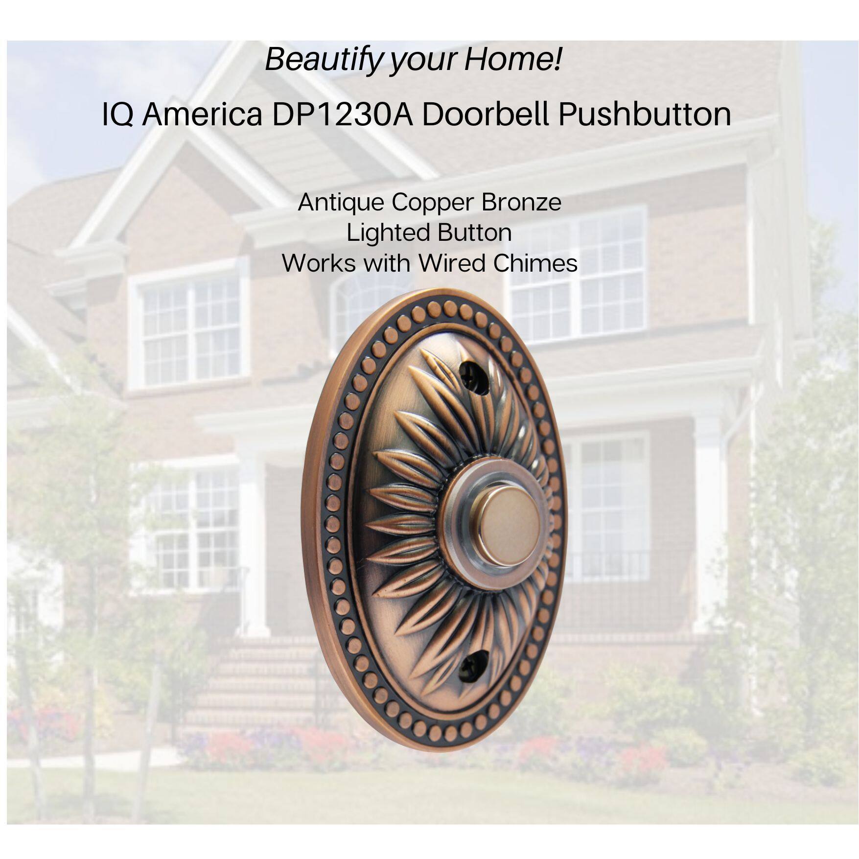 Beautify your Home! IQ America DP1230A Doorbell Pushbutton Antique Copper Bronze Lighted Button Works with Wired Chimes