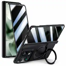 Dteck - For Moto Razr Fold (2026) Hinge Protection Magnetic Ring Stand Foldable Shockproof Rugged Case Built-in Screen Protector - Black(Privacy Film)