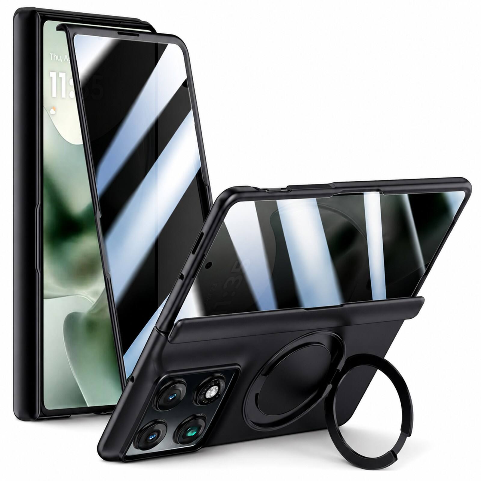 Dteck - For Moto Razr Fold (2026) Hinge Protection Magnetic Ring Stand Foldable Shockproof Rugged Case Built-in Screen Protector - Black(Privacy Film)
