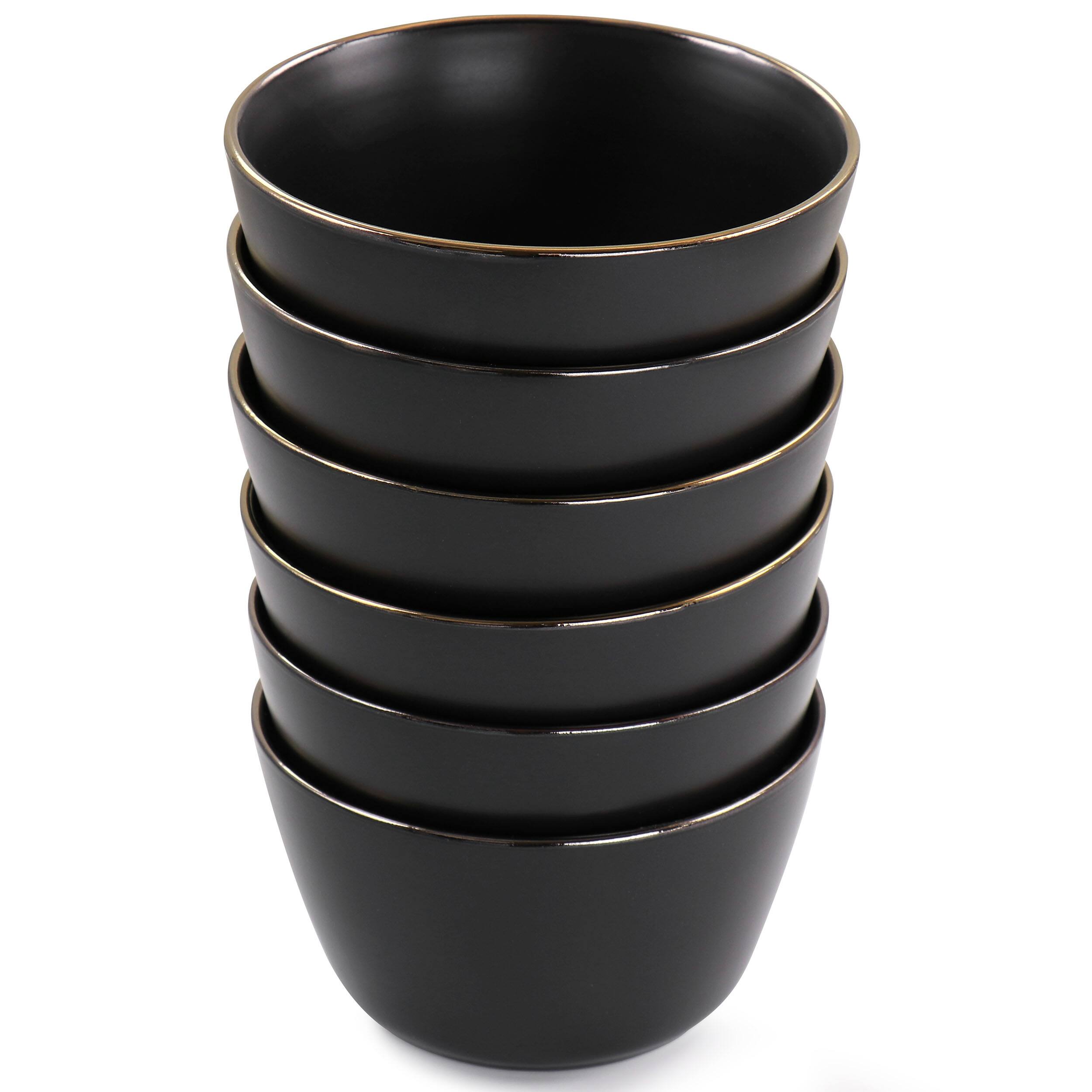 Angle. Elama - Elama Paul 6 Piece Stoneware Bowl Set in Matte Black with Gold Rim - Black.