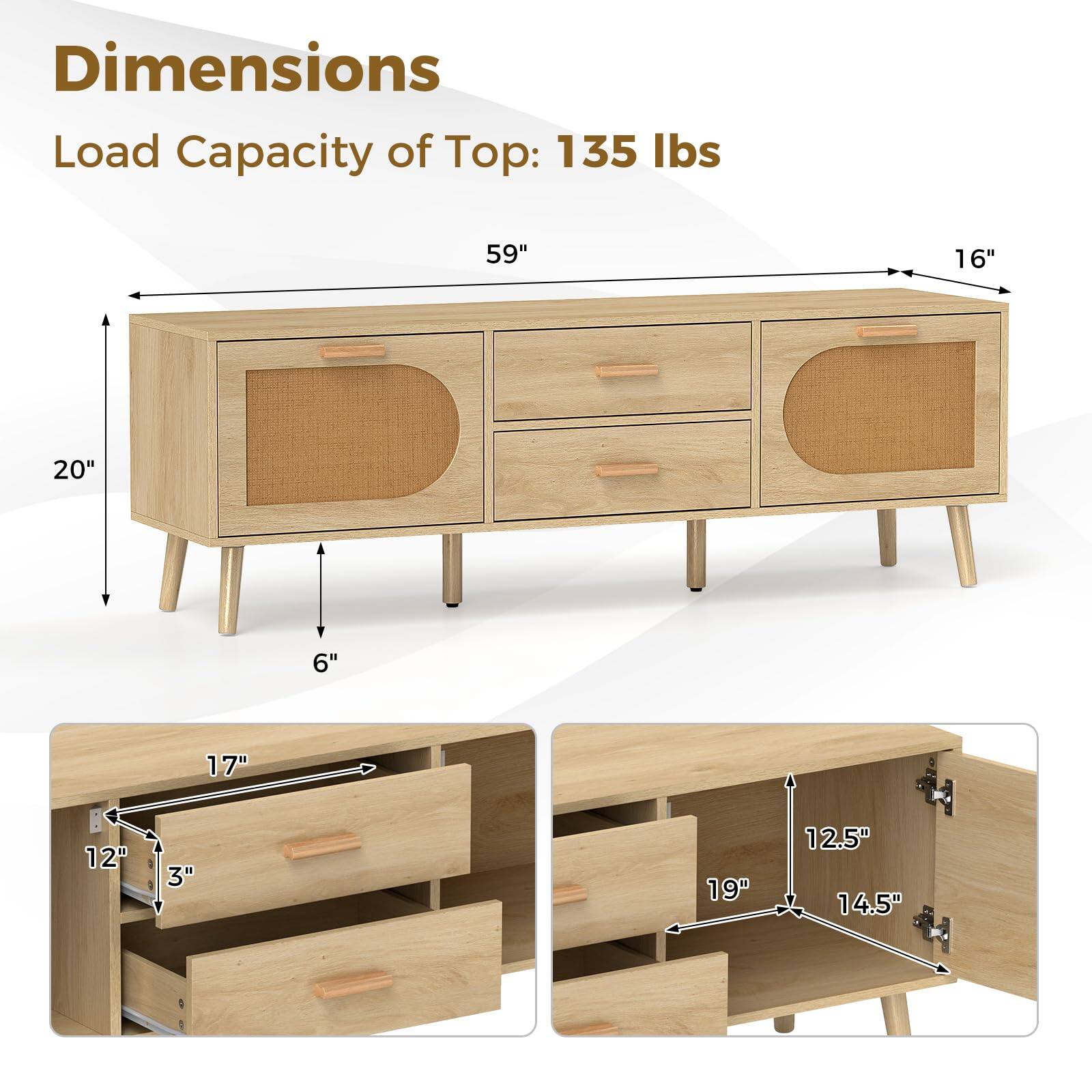 Dimensions  
Load Capacity of Top: 135 lbs  

- Length: 59"  
- Width: 16"  
- Height: 20"  
- Leg Height: 6"  

Drawer Dimensions:  
- Width: 17"  
- Depth: 12"  
- Height: 3"  

- Width: 19"  
- Depth: 12.5"  
- Height: 14.5"