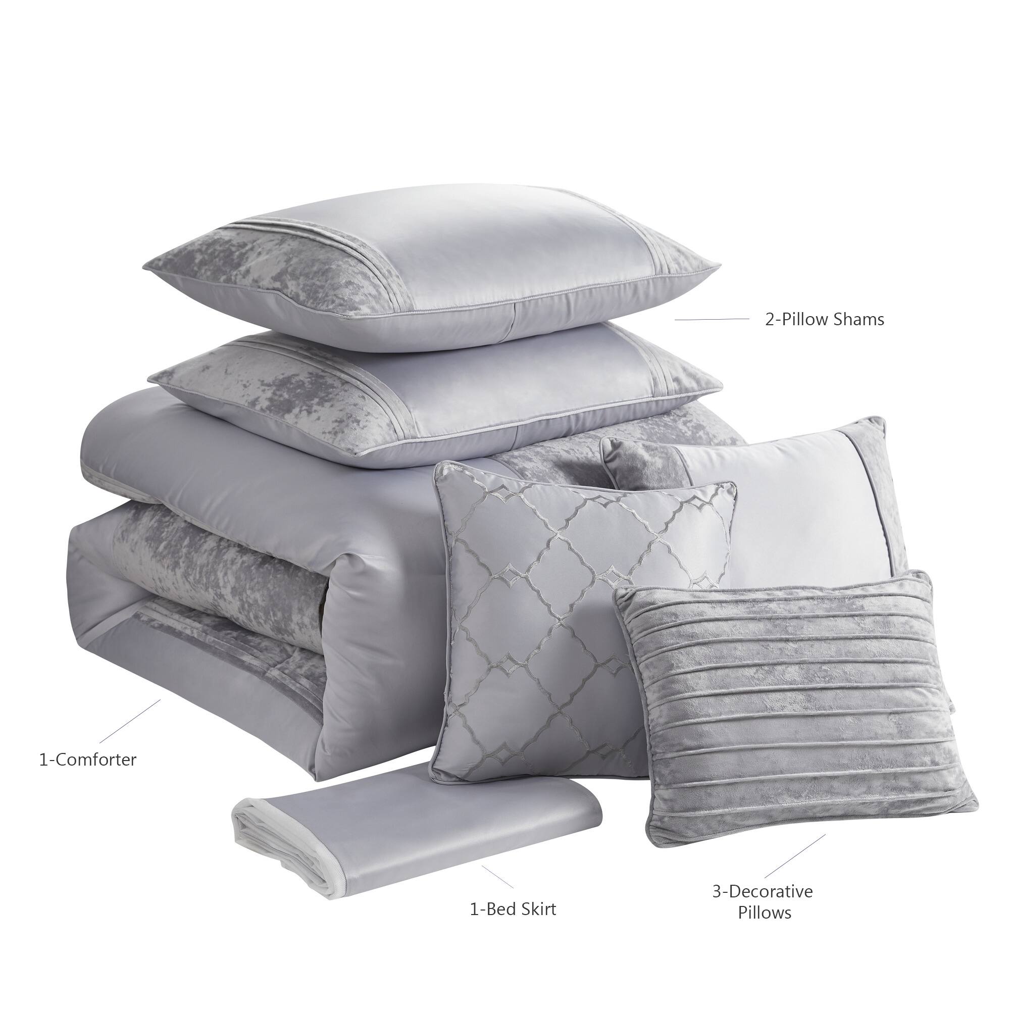 2-Pillow Shams  
1-Comforter  
1-Bed Skirt  
3-Decorative Pillows
