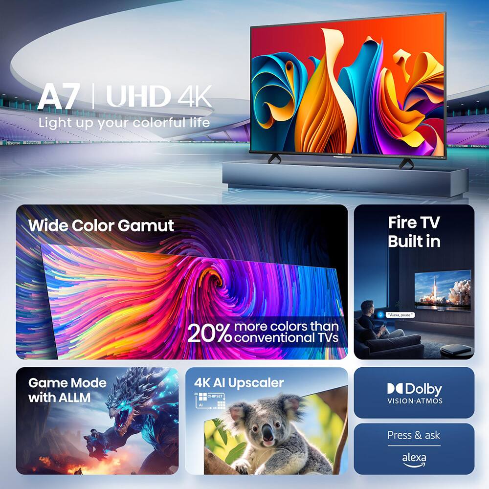A7 | UHD 4K  
Light up your colorful life

Wide Color Gamut  
20% more colors than conventional TVs

Fire TV Built in

Game Mode with ALLM

4K AI Upscaler

Dolby Vision-Atmos

Press & ask Alexa