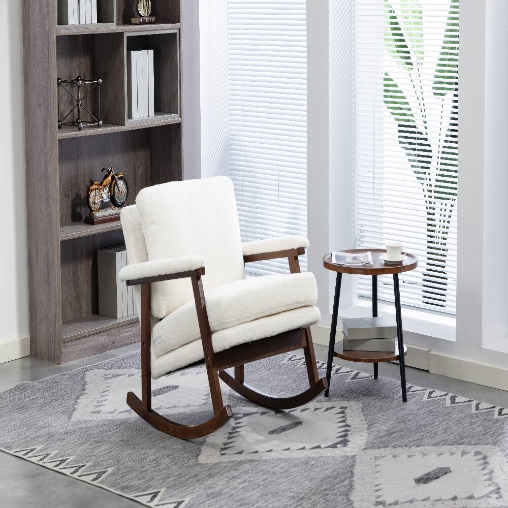 Back. Loheer - Loheer Mid Century Modern Accent Chair Solid Wood Rocking Chair Upholstered Reading Armchair for Bedroom Sunroom White - White.