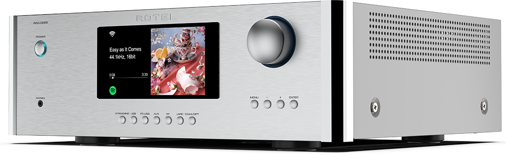 The text on the image reads: "RAS-GODO ROTEL POARR Easy as It Comes 44.1kHz, 16bit 800 3:30 HENS MENU ENTER SAVING POWER."