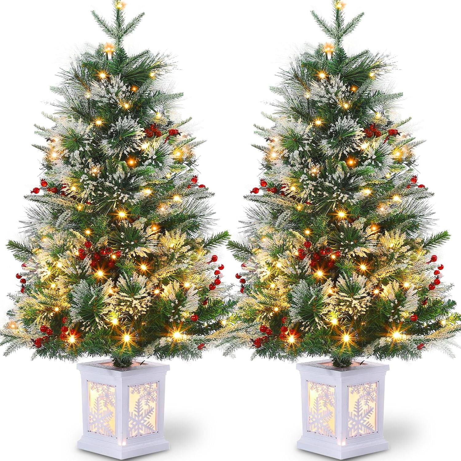 GARVEE - 3ft Pre-Lit Christmas Tree, Mini Xmas Tree with 78 LED Lights, Indoor & Outdoor Party Decor for Holiday Events - Green 2pcs