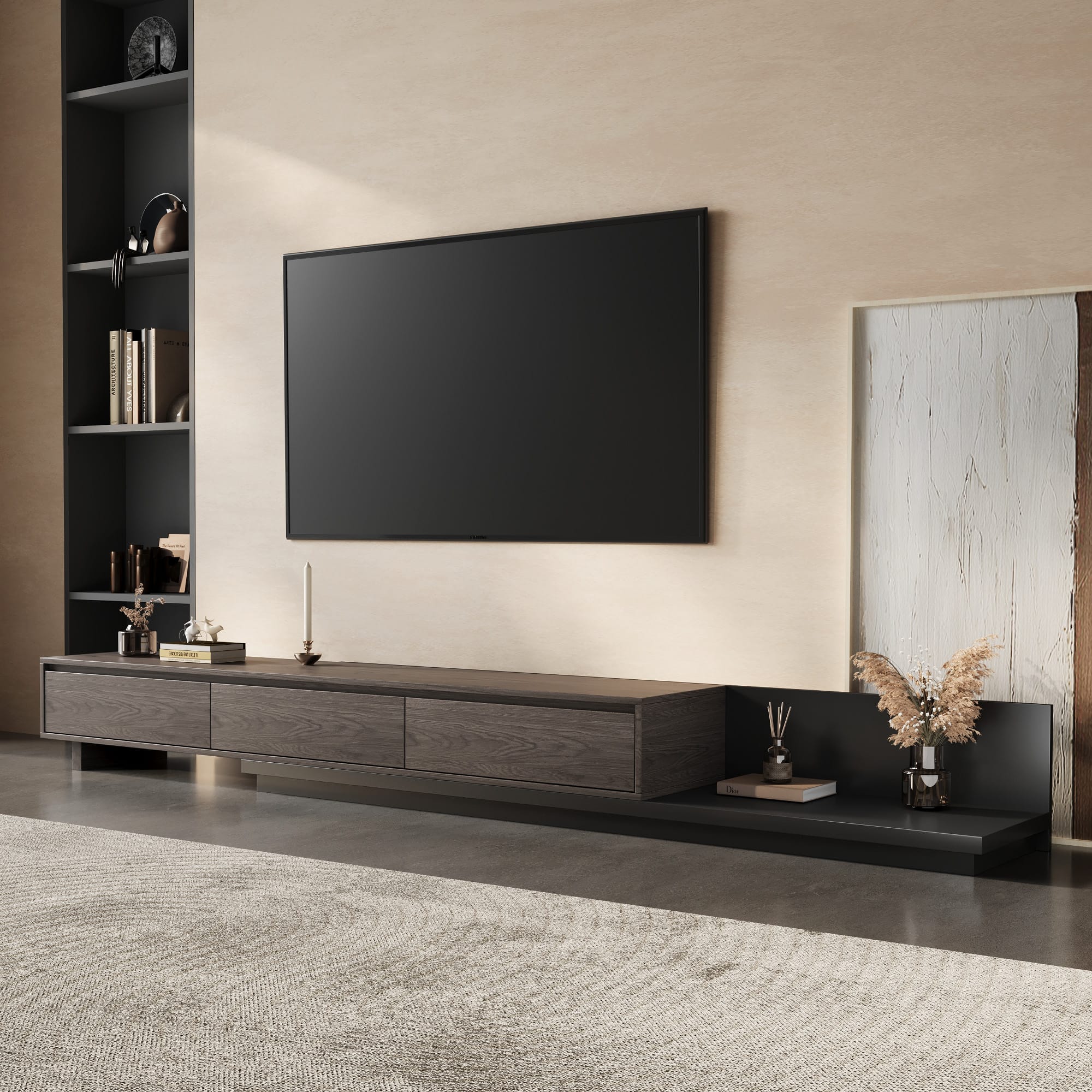 luck idea - 78.7" Stretchable TV stand, tv console With a maximum width of 141.7" , With Three Storage Drawers - Black walnut color