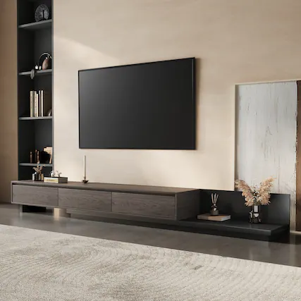 Front. luck idea - 78.7" Stretchable TV stand, tv console With a maximum width of 141.7" , With Three Storage Drawers. - Black walnut color.