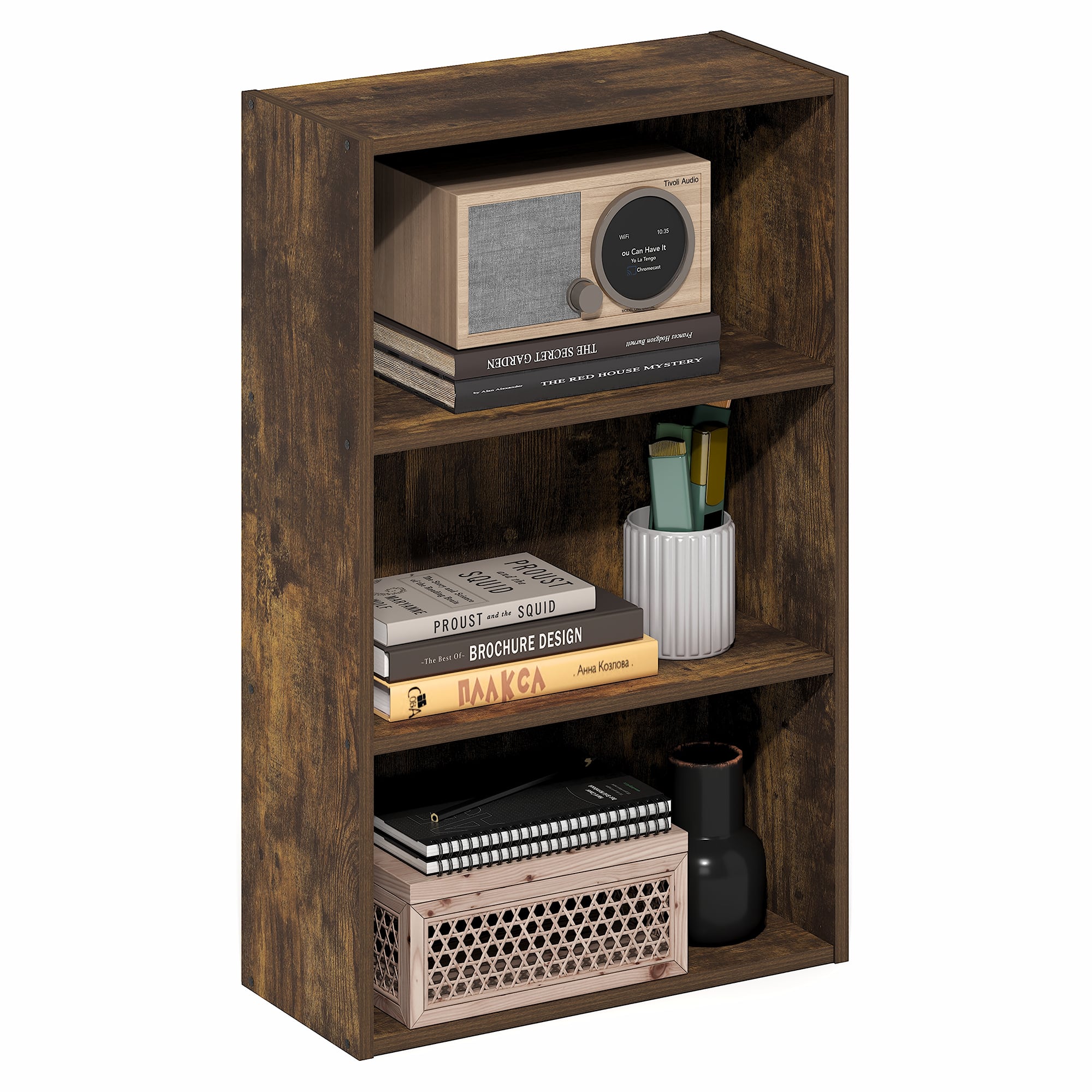 Furinno - Basic 3-Tier Open Shelf Bookcase, Bookshelf, Storage Organizer, 7 x 17 x 26 - Amber Pine