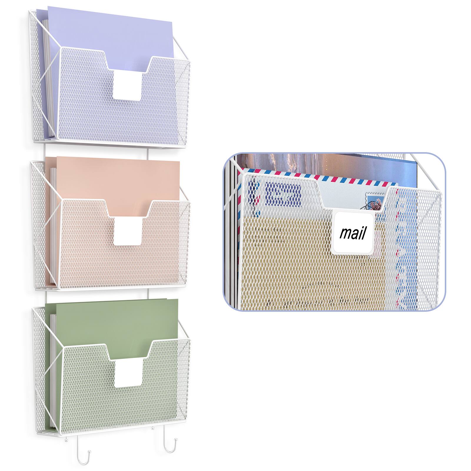 Back. Oumilen - 3-Pack White Wall-Mounted Mesh File Organizer, 13.38 in Hanging Document Holder with Label Slot & Hooks for Office.