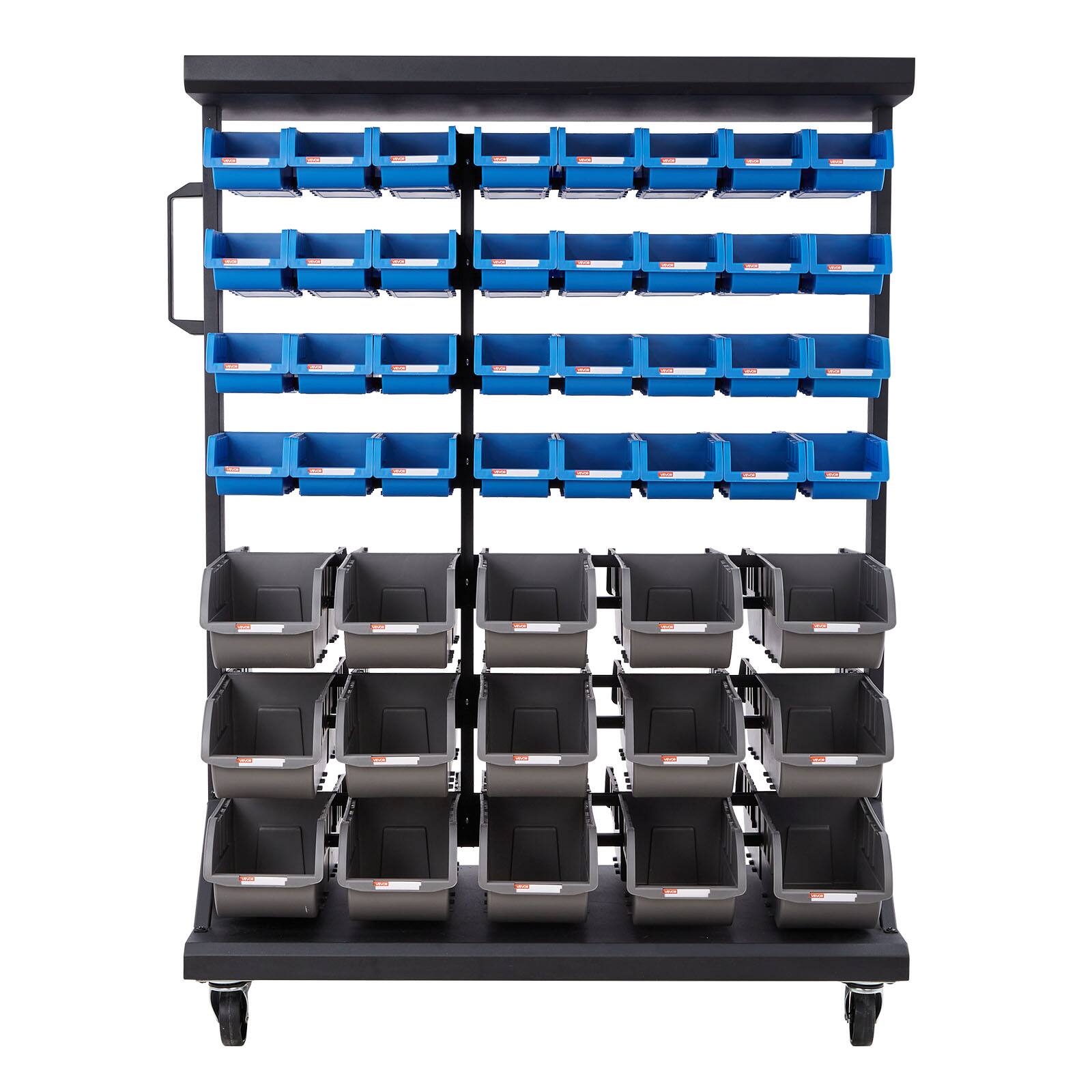 Alt View 5. VEVOR - 7-Tier Double-Sided Rolling Bin Storage Rack, 94 Plastic Bins, Dual-Sided Parts Organizer with Wheels - Black.