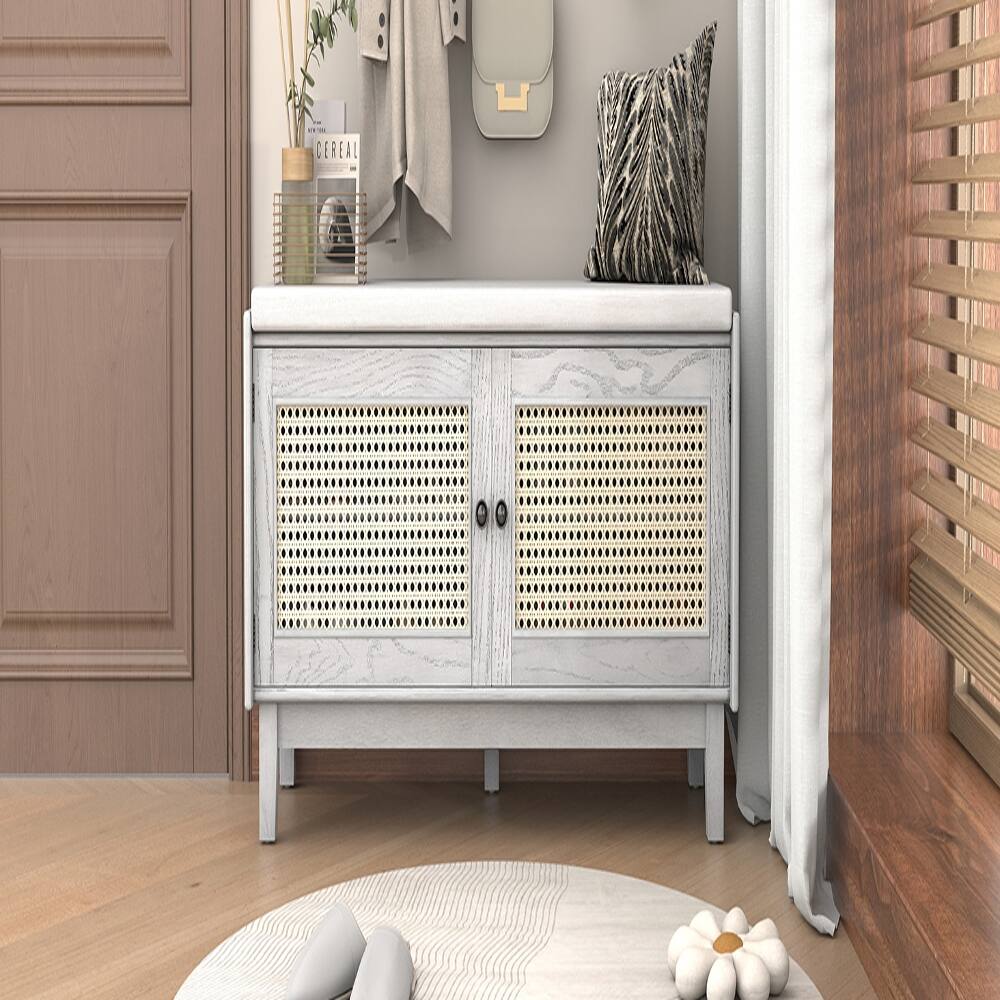Back. Ropilly - Ropilly Boho Rattan Entryway Bench Cushioned Shoe Storage Bench with Double Doors Wooden Hallway Organizer Gray Wash - Gray Wash.