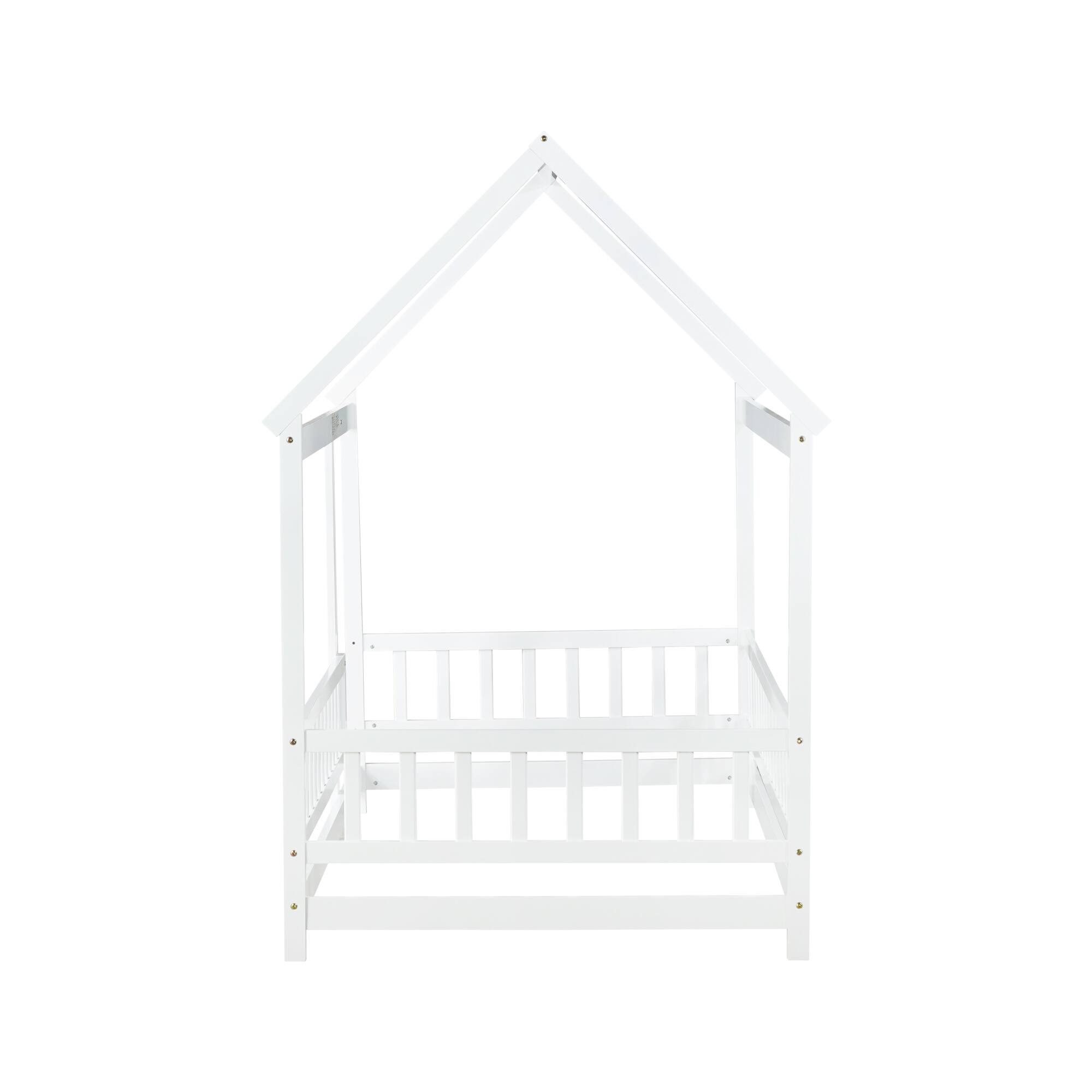 Alt View 10. GOODSILO - Twin Size House-Shaped Floor Bed with Safety Guardrails and Roof Frame, Grey Finish Wooden Playful Sleep Solution - White.