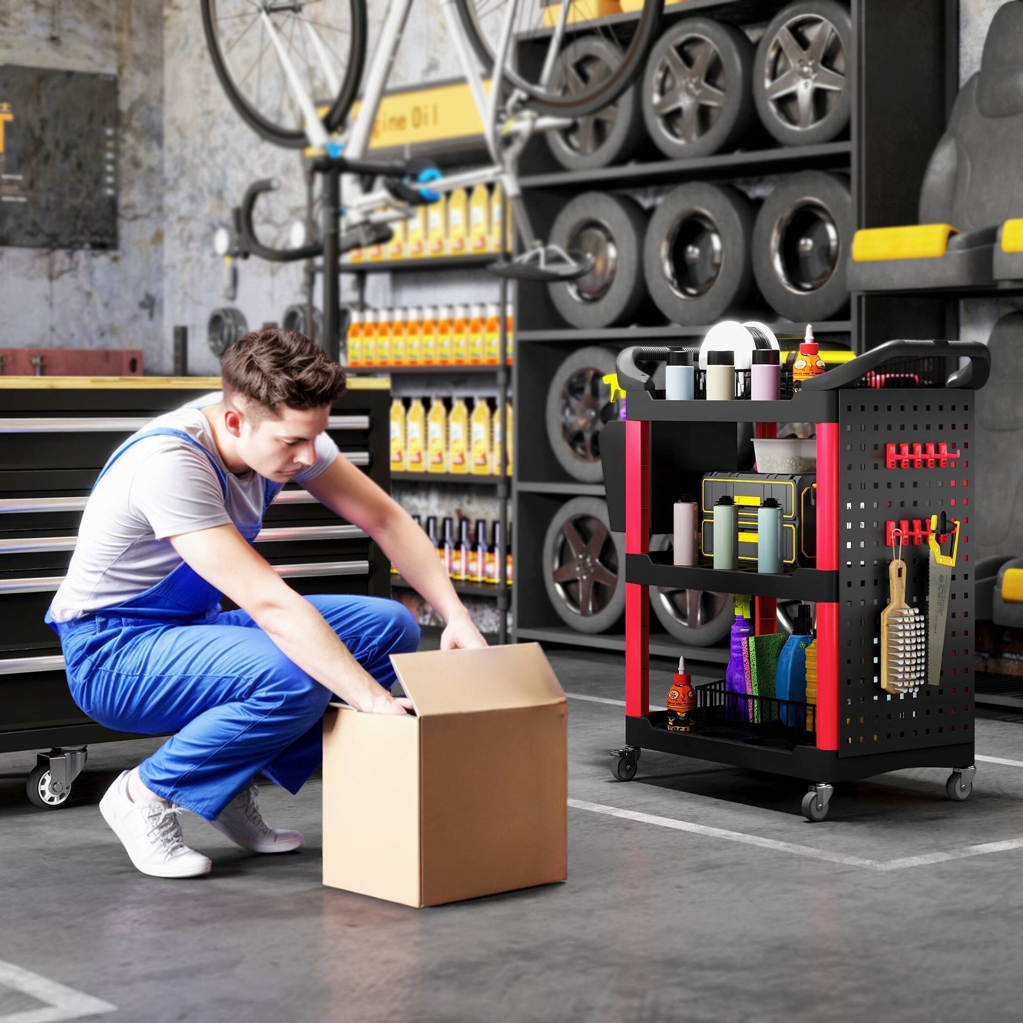 Alt View 7. Homcom - Rolling Tool Cart, 200 LBS Capacity Plastic Utility Cart with Side Shelf and Storage Bucket - Black and Red.