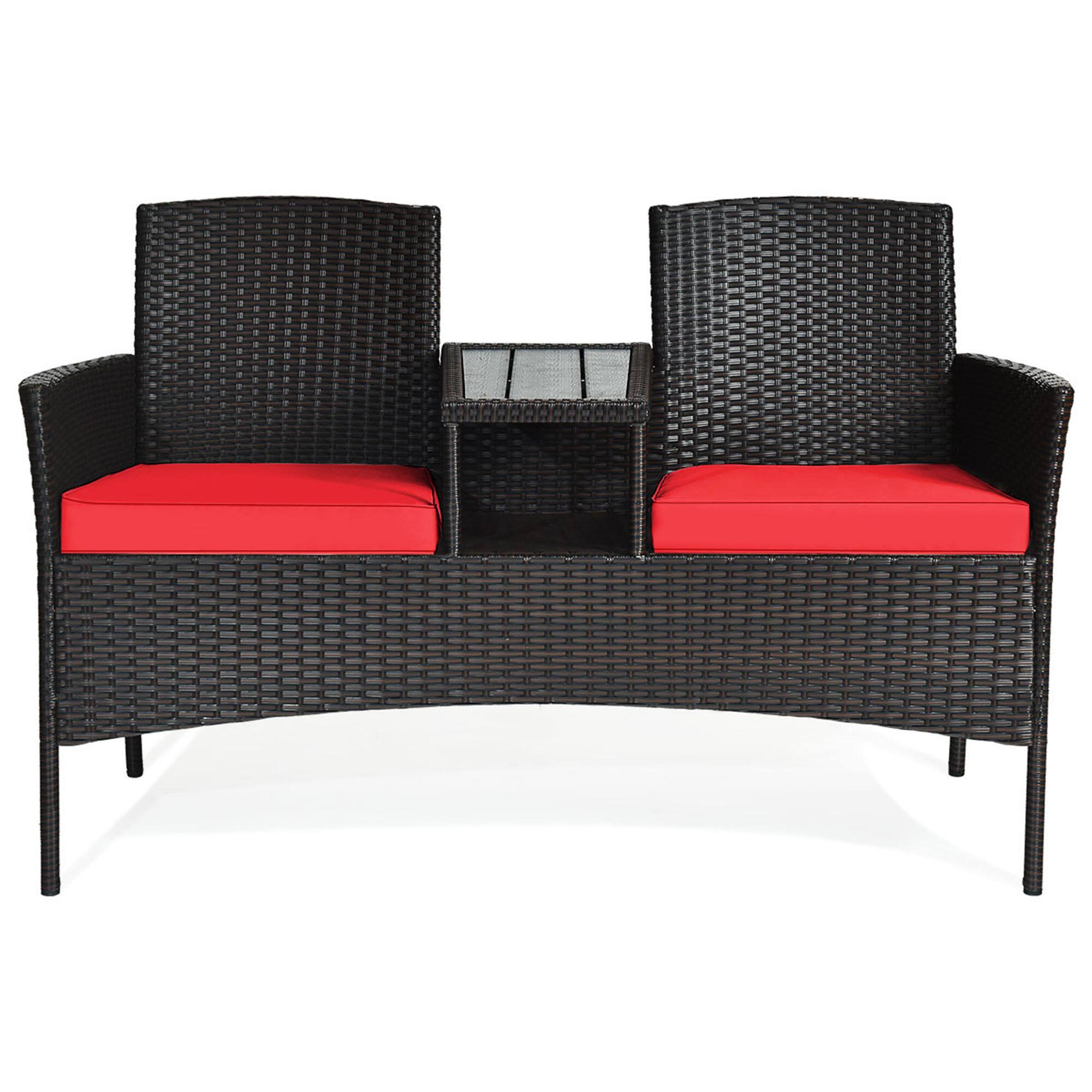 Alt View 4. Gymax - Gymax Patented Rattan Wicker Patio Conversation Set w/ Loveseat Table Red Cushion - Red.
