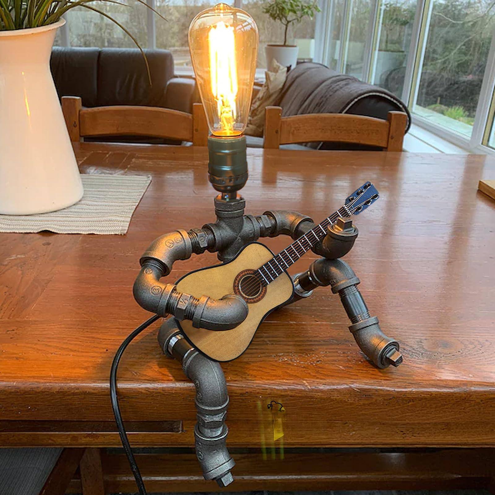 Front. Reds Spade - Steampunk Industrial Guitar Lamp Unique Table Lamp Desk Lamp Edison Bulb Vintage Decorative Lamp Men - 1-Silver-gray/With acoustic guitar + lamps.
