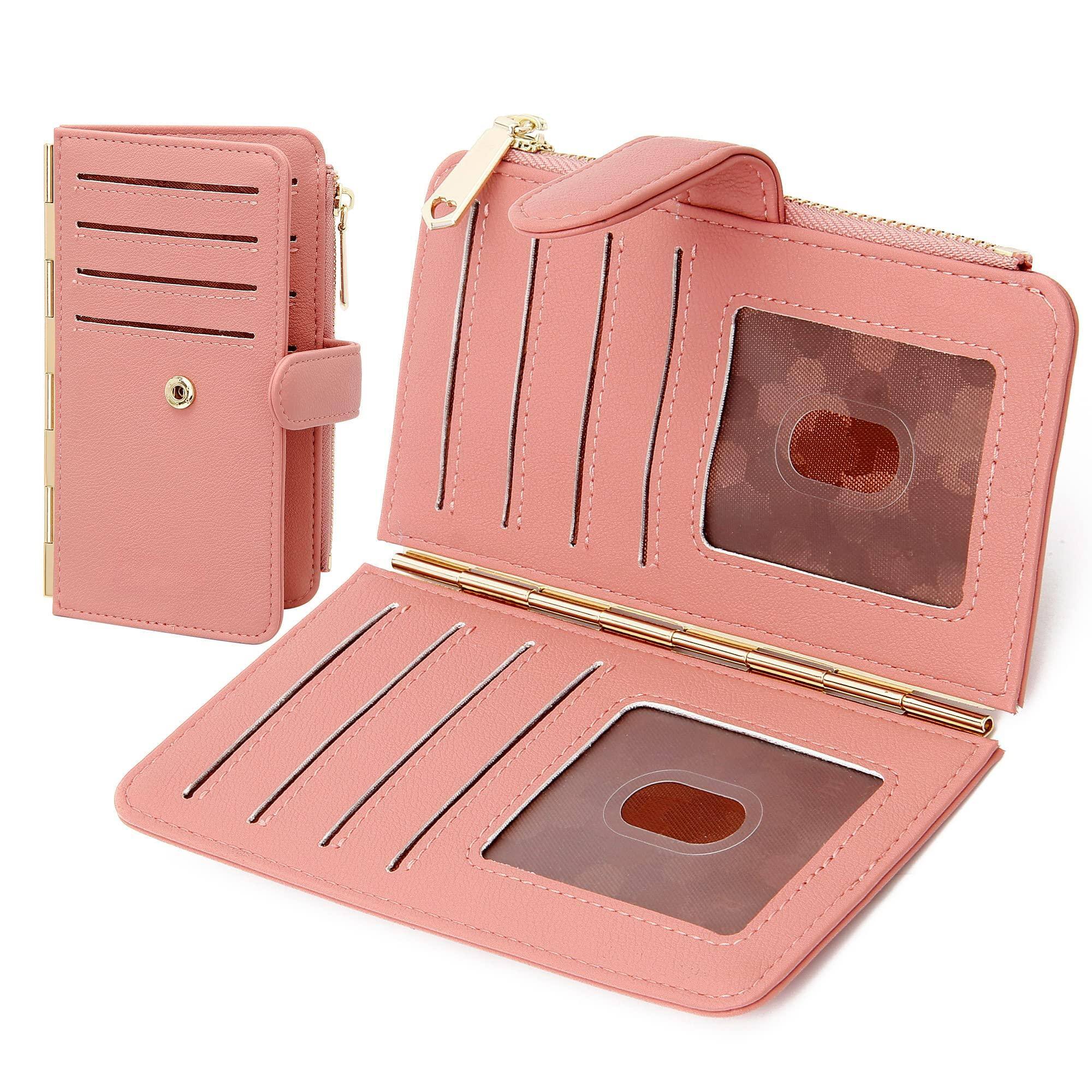 Jadie Link - Credit Card Holder Women Rfid Blocking Slim Wallet Bifold Multi Case Zipper Pocket Window RFID BlockingThis rfid card - Pink