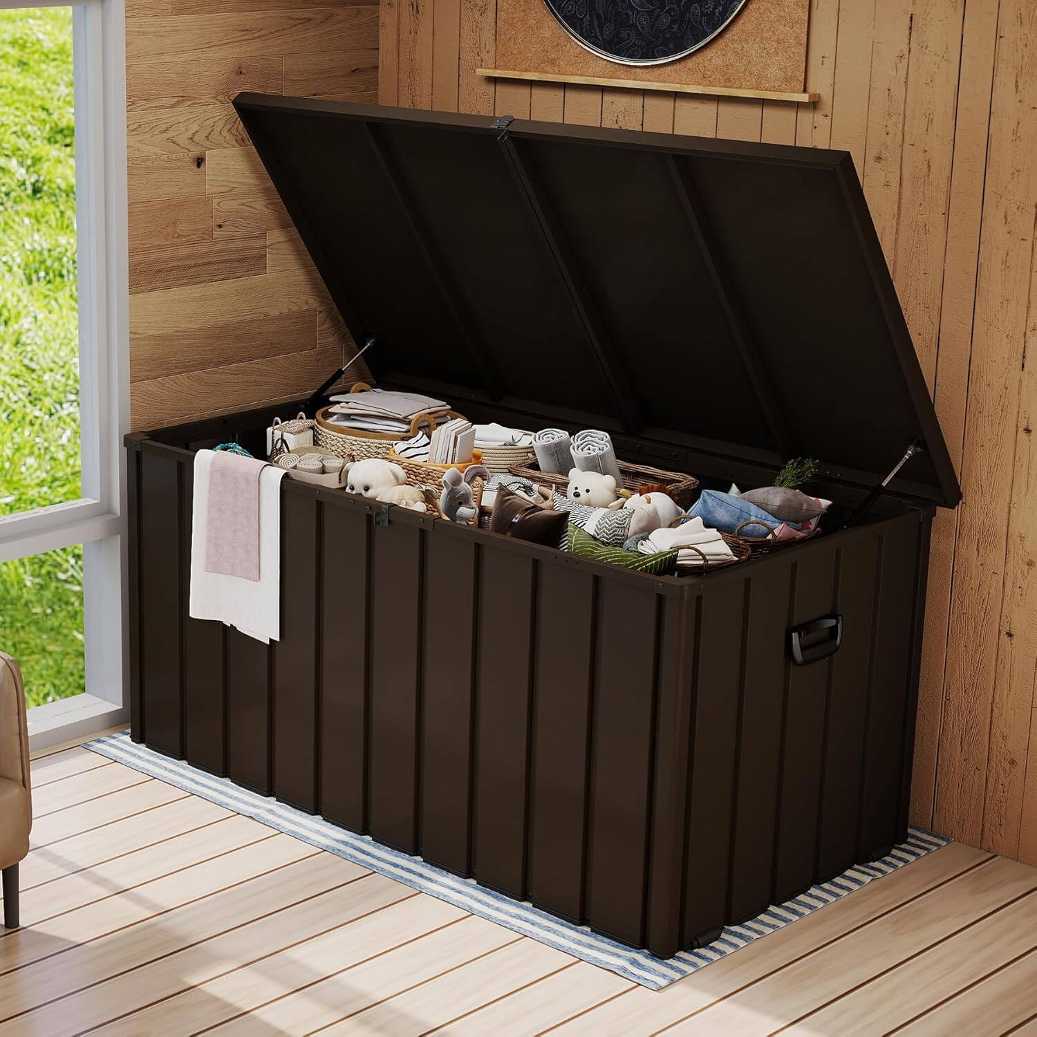 Left. Mondawe - 200 Gallon Metal Deck Box - Brown.