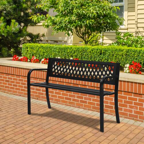 Alt View 7. Winado - 47in Garden Patio Bench Iron Frame PVC Mesh Backrest Slatted Seat 2-Person for Front Porch Outdoor Entryway Furniture - Black.
