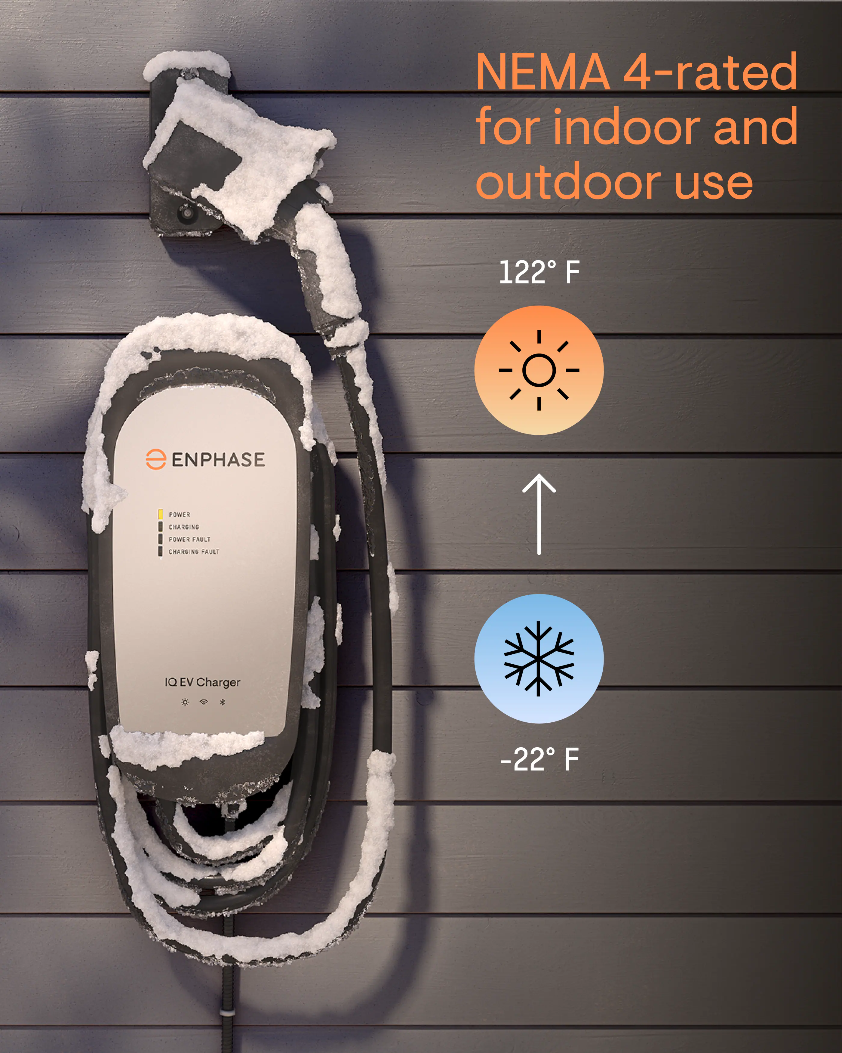 NEMA 4-rated for indoor and outdoor use

122°F

ENPHASE

IQ EV Charger

-22°F