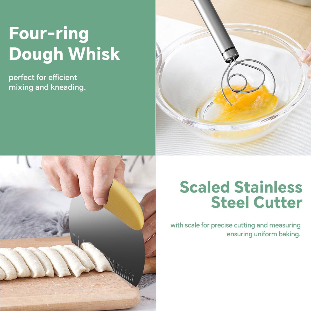 Four-ring Dough Whisk perfect for efficient mixing and kneading. Scaled Stainless Steel Cutter with scale for precise cutting and measuring ensuring uniform baking.