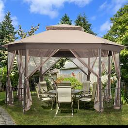Costway - 10' x 12' Octagonal Patio Gazebo Canopy Shelter Double Top W/Netting Sidewalls - Brown