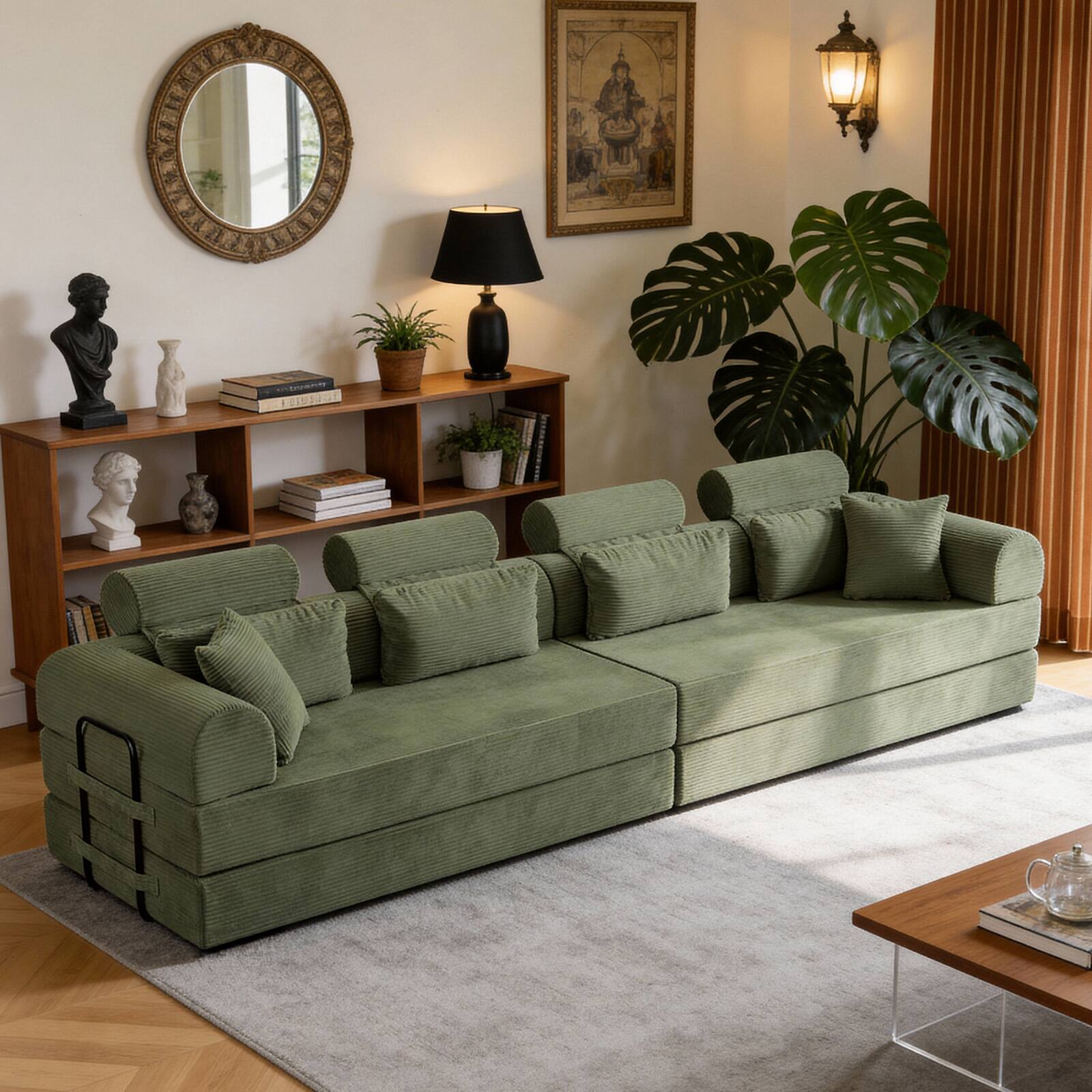 Back. Anysun - L-Shape Corduroy Modular Sectional Sofa - Minimalist Compressed Design, Unfolds into Bed, Space-Efficient - Grayish Green.